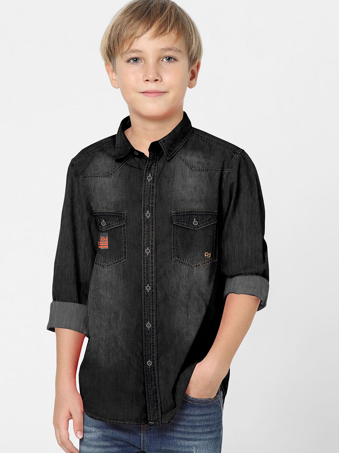 

FABFARM Boys Standard Spread Collar Faded Denim Casual Shirt, Black