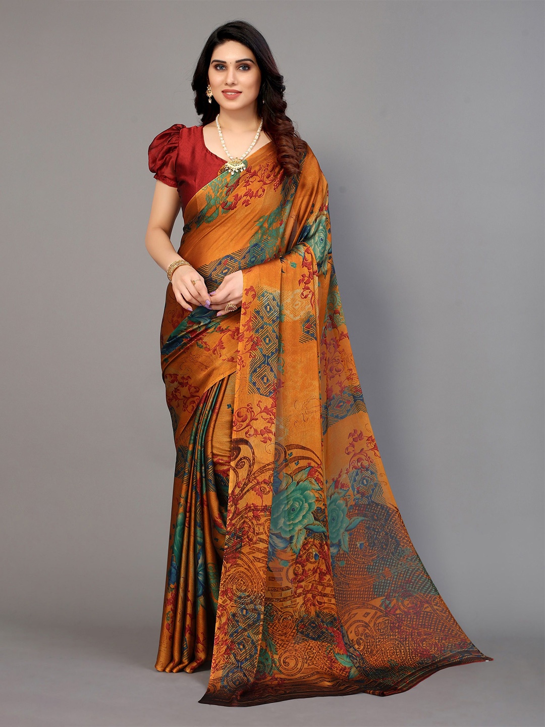

VIRICA Floral Printed Saree With Blouse Piece, Orange