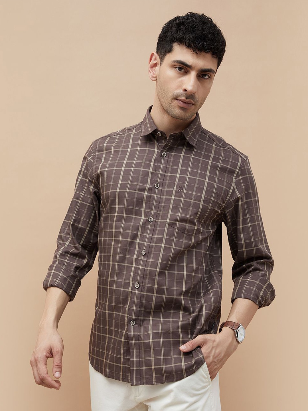 

CODE by Lifestyle Men Spread Collar Tartan Checked Cotton Casual Shirt, Brown