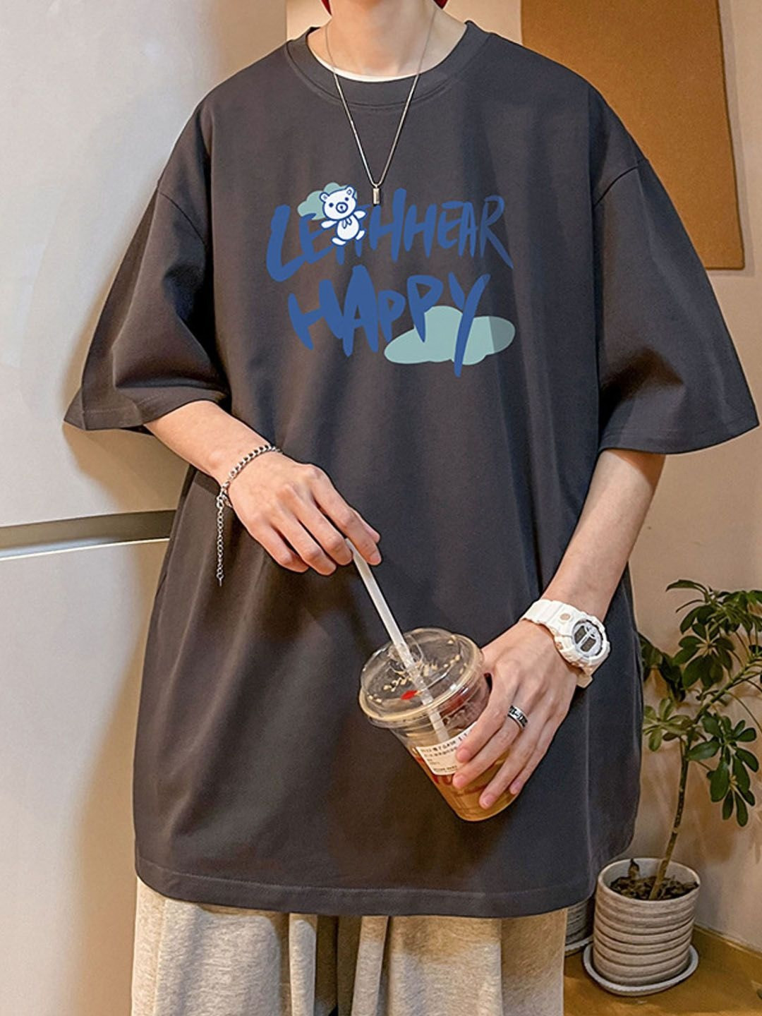 

StyleCast Men Typography Printed Drop-Shoulder Sleeves Cotton T-shirt, Grey