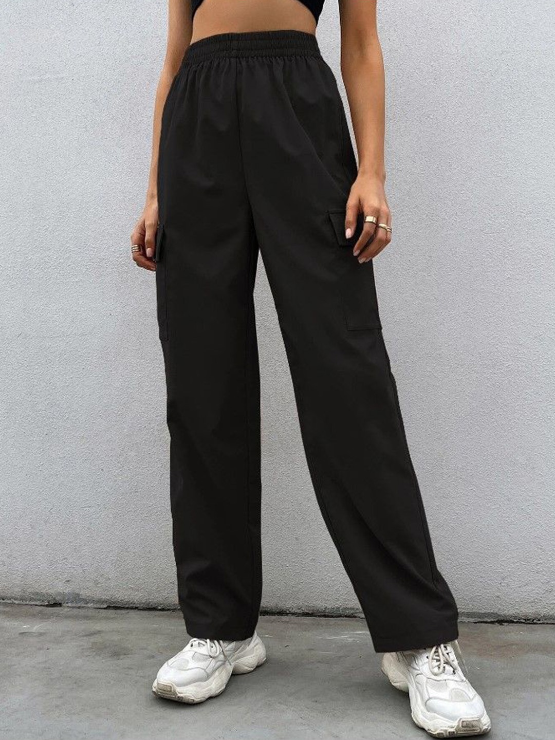 

ELYRAA Women Relaxed Loose Fit High-Rise Easy Wash Joggers Trousers, Black