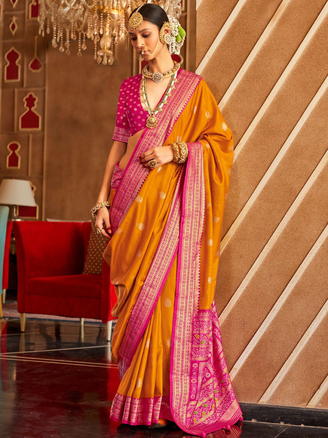 

Mitera Woven Design Zari Silk Blend Patola Saree, Orange