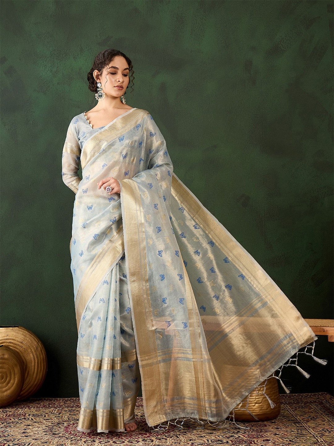 

Sangria Woven Design Banarasi Saree With Blouse Piece, Blue