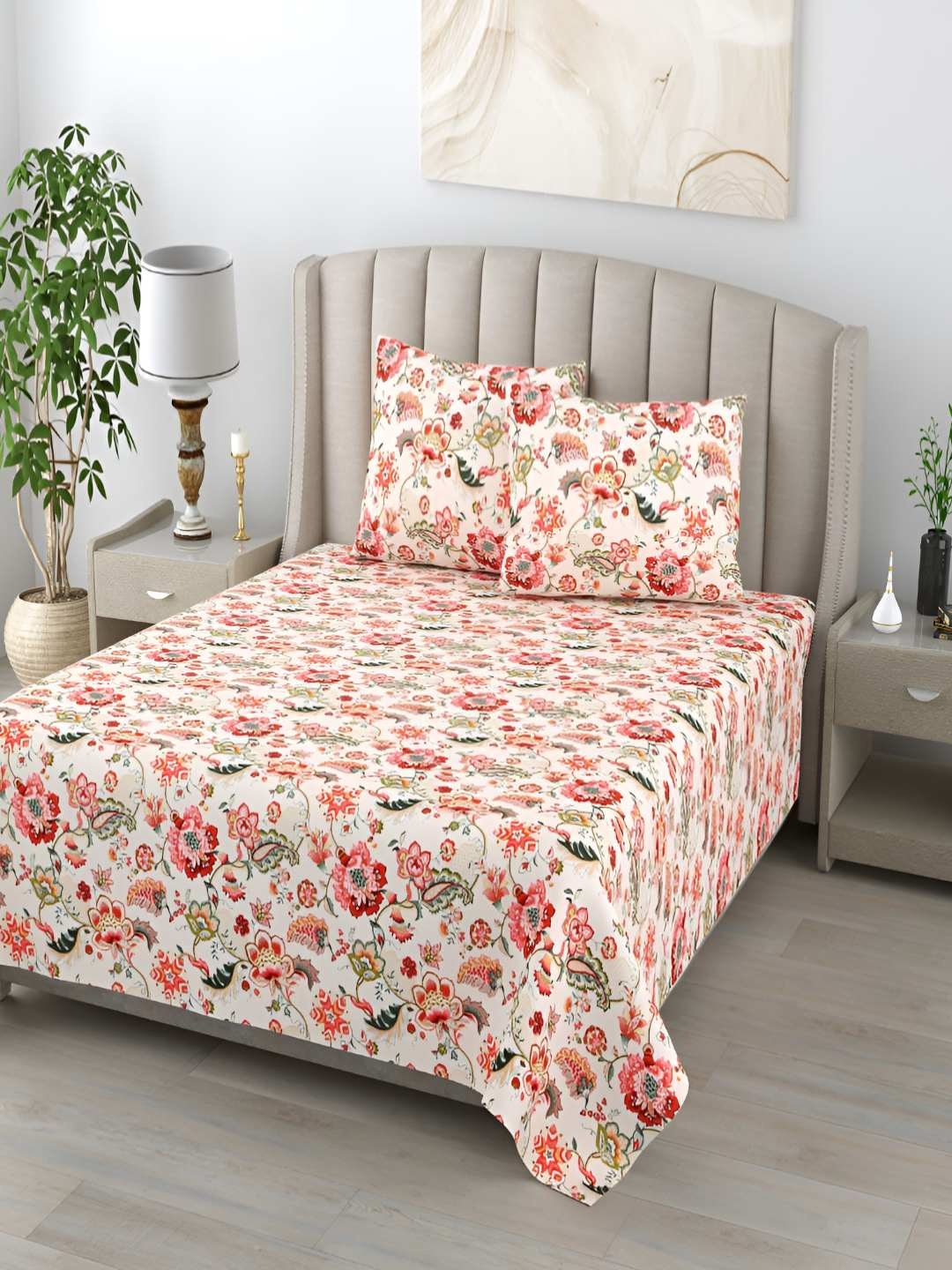 

Jinaya's Anokhi Off White & Red Floral 210 TC Pure Cotton King Bedsheet & 2 Pillow Covers