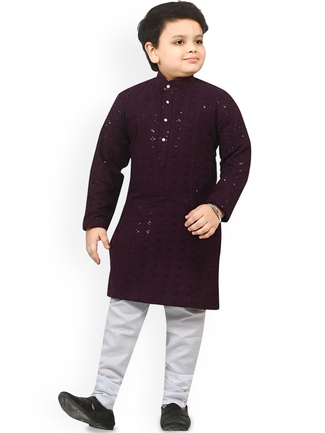 

Arshia Fashions Boys Geometric Embroidered Regular Sequinned Straight Kurta with Pyjamas, Purple