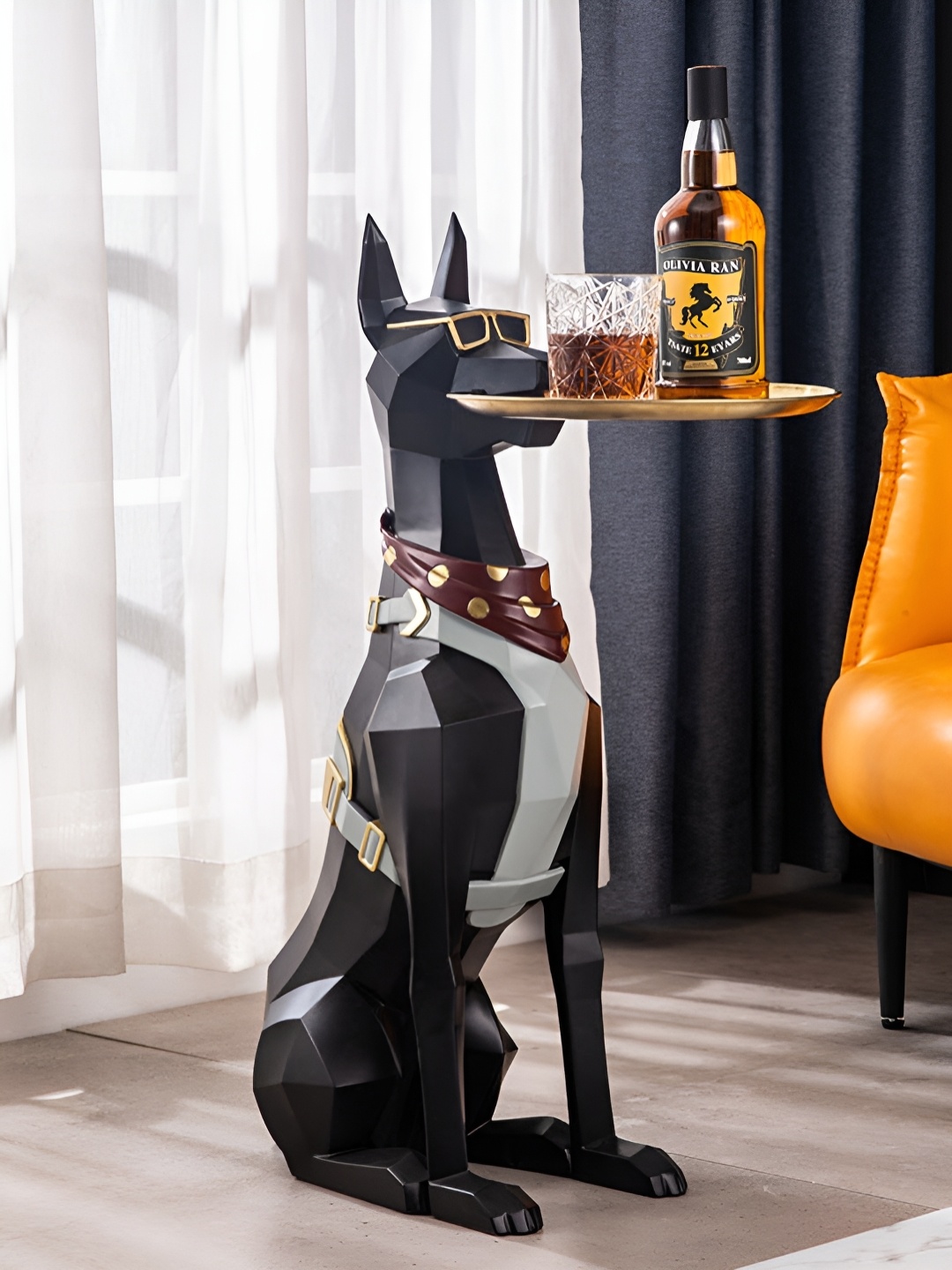 

SMOKEY COCKTAIL Black Doberman Butler Sculpture Figurine Showpiece