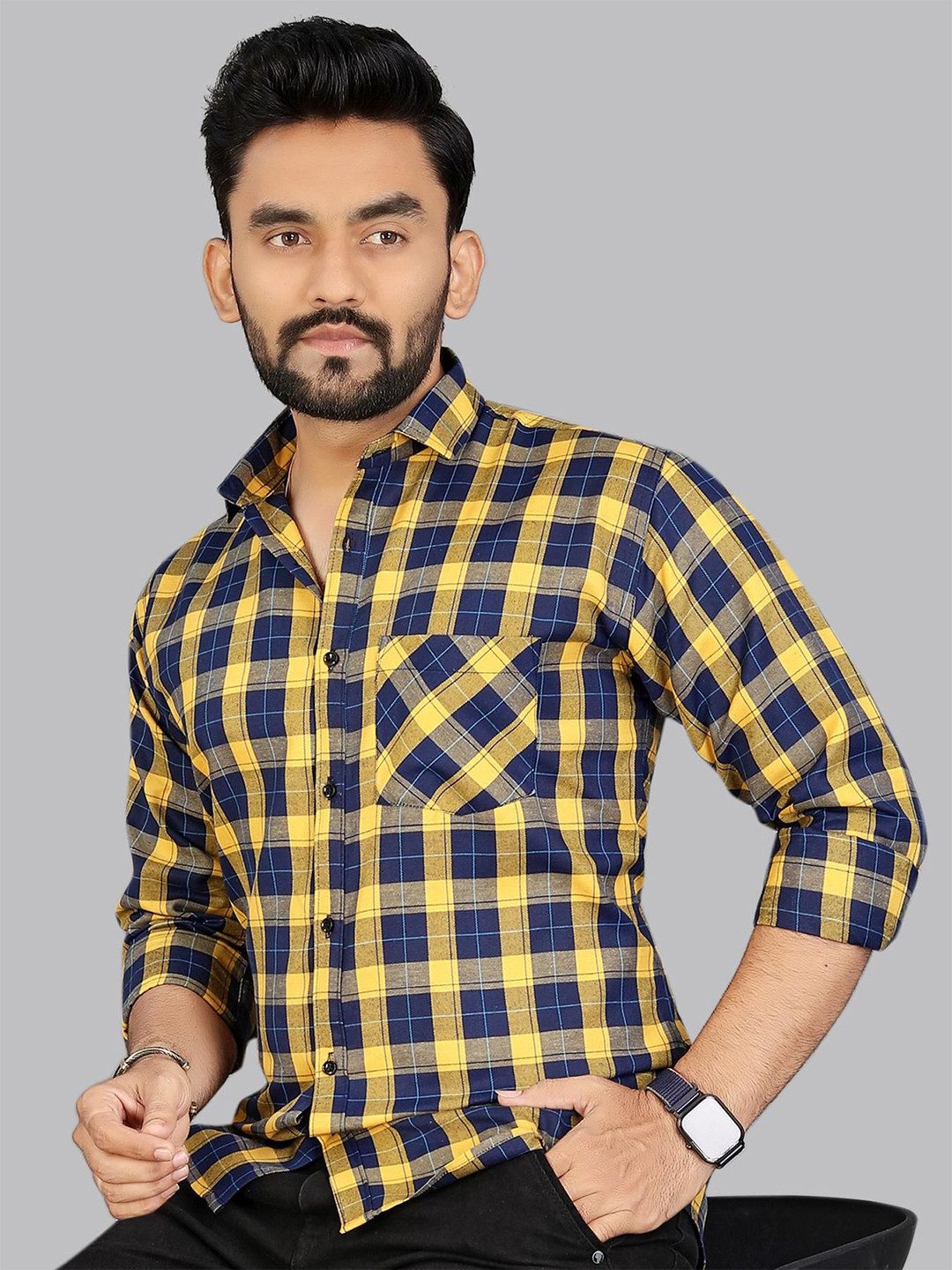 

ADWYN PETER Men Classic Spread Collar Tartan Checked Cotton Casual Shirt, Navy blue