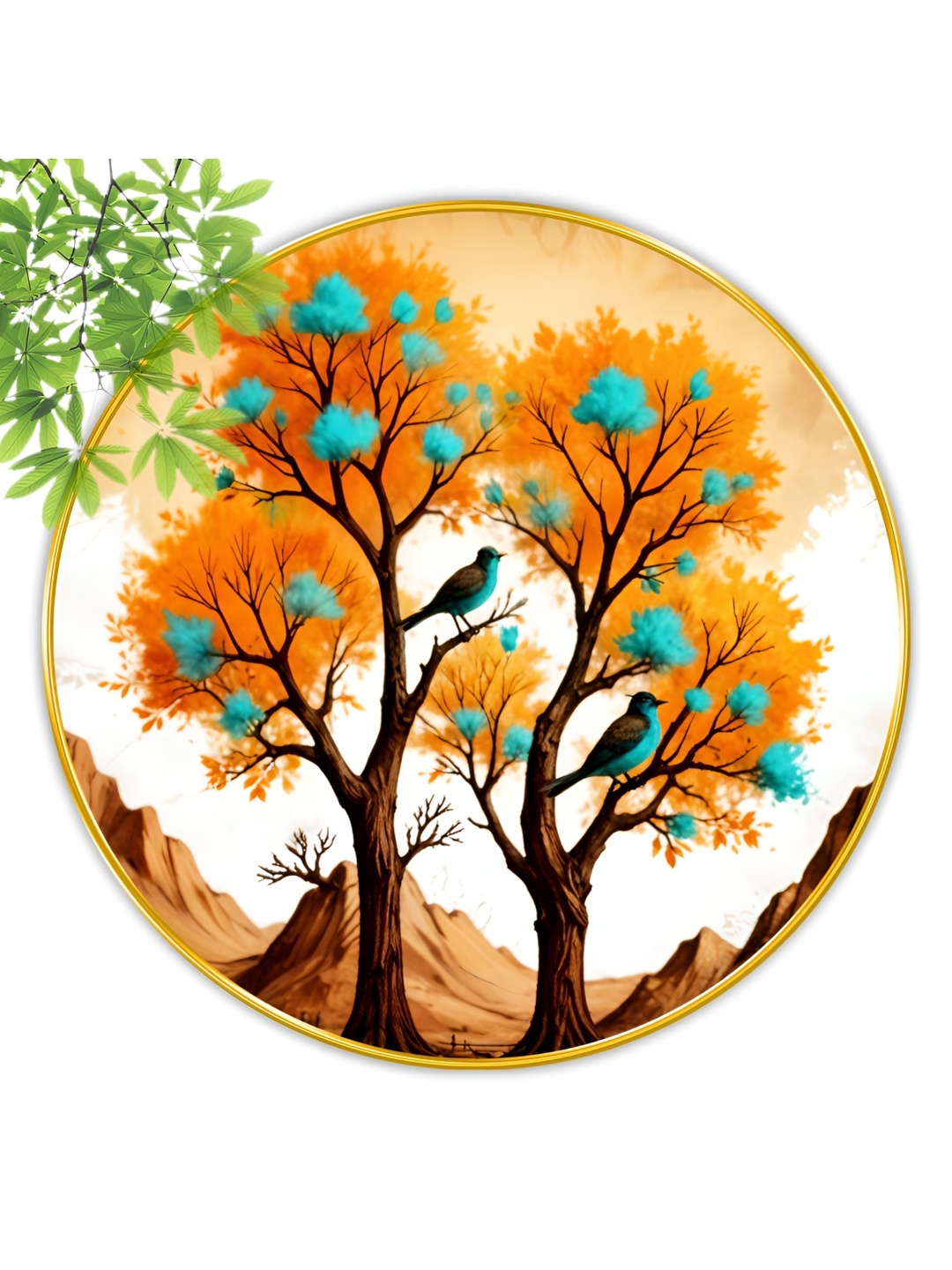 

SAF White & Orange Nature Theme Wooden Round Shape Wall Paintings