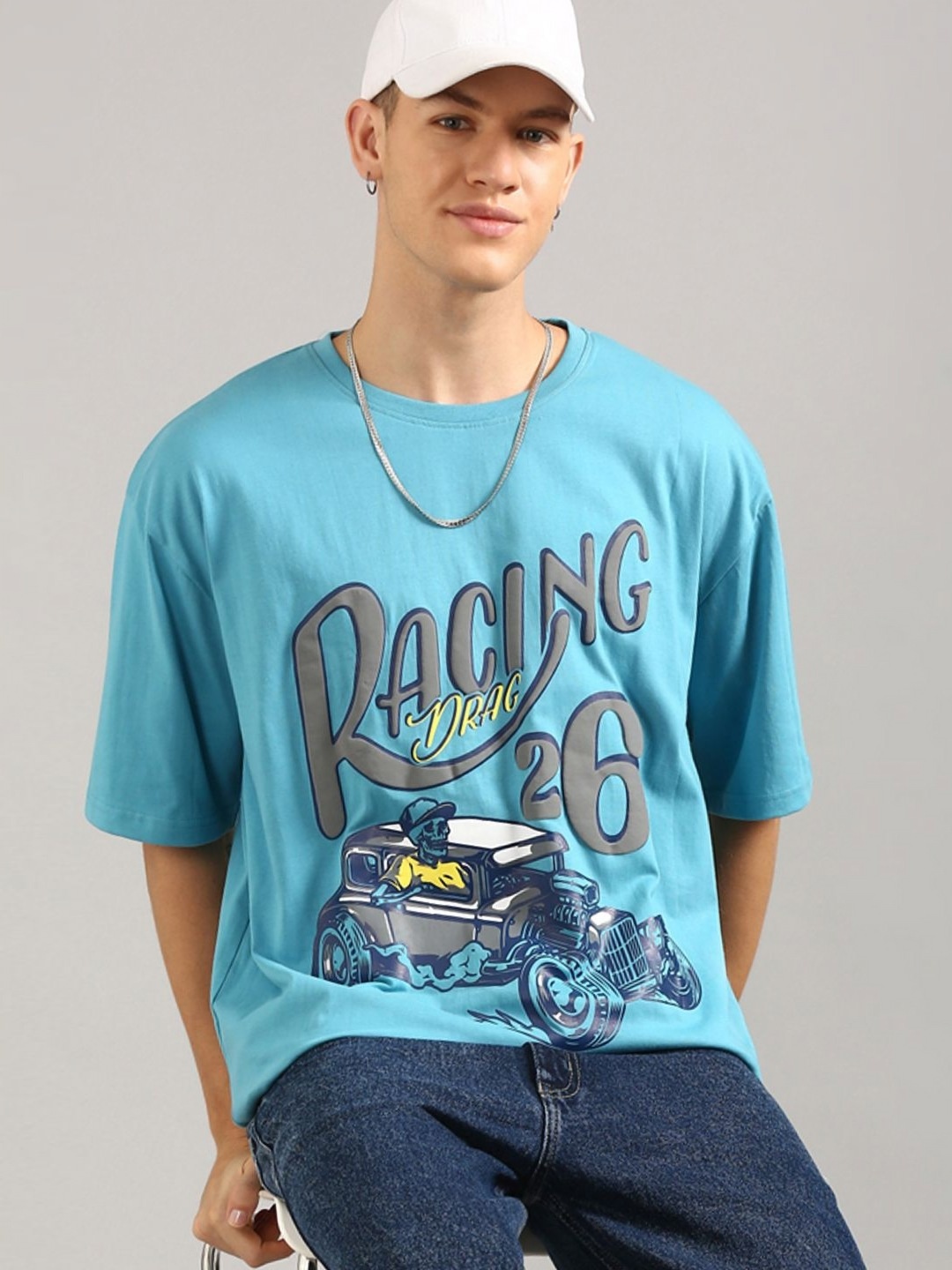 

Joven Men Typography Printed Round Neck Cotton Oversized T-shirt, Blue