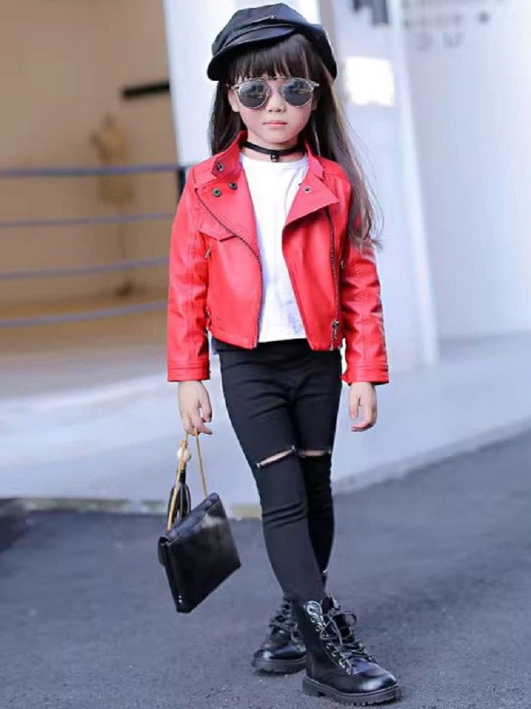 

BAESD Kids Unisex Open Front Leather Jacket, Red