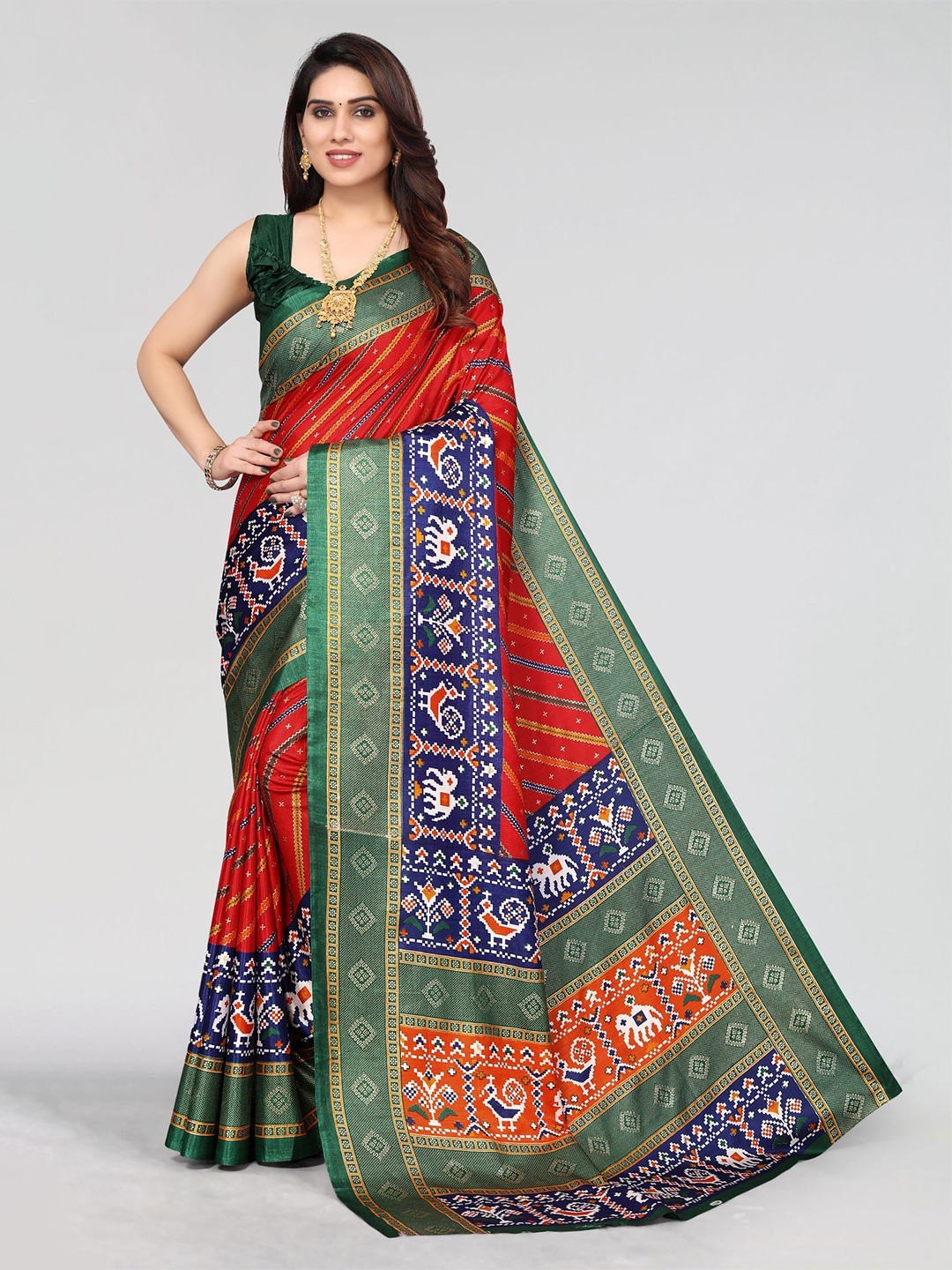 

VIRICA Striped Polycotton Saree, Red