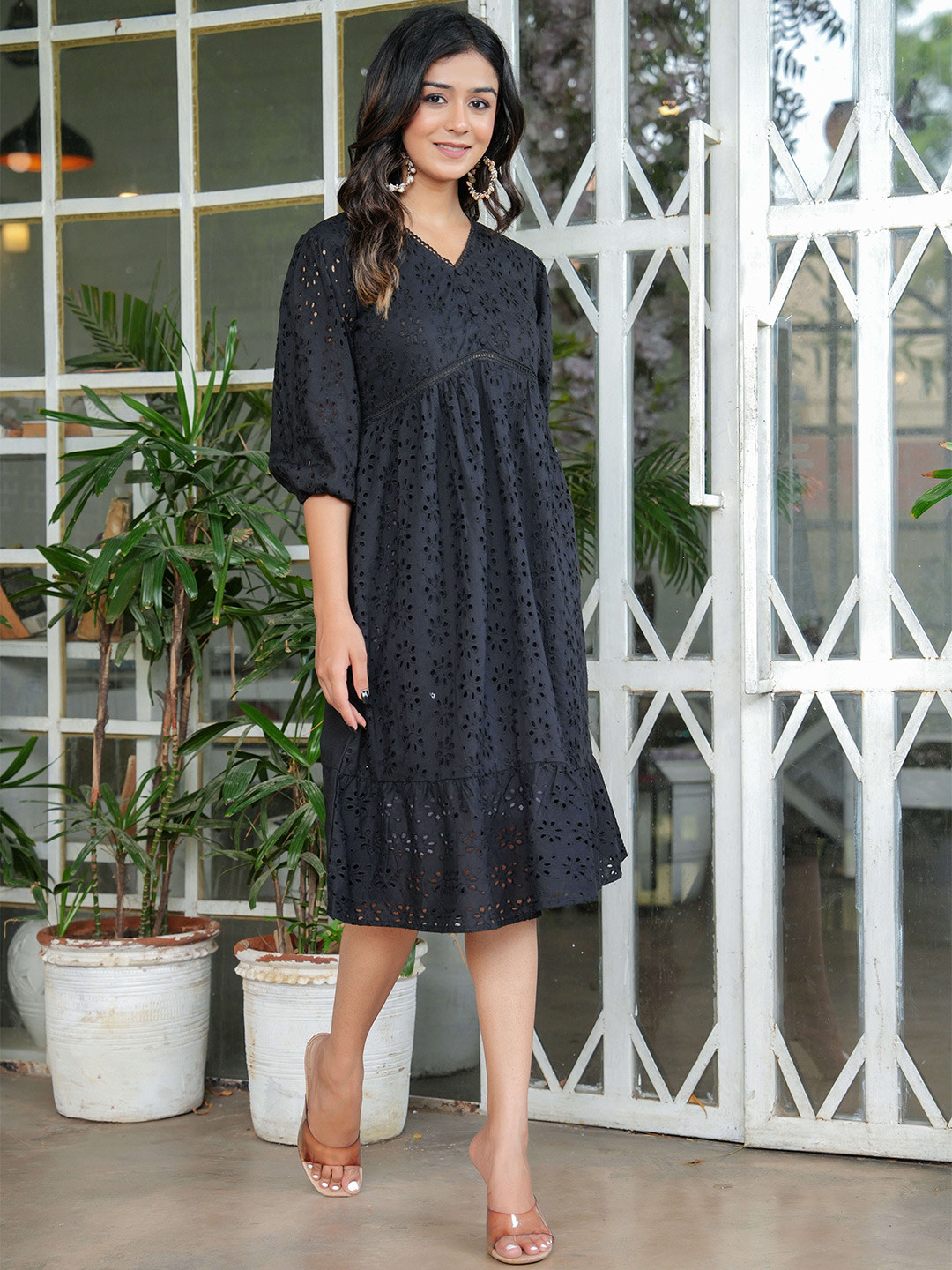 

SIDDHANAM Women Self Design V-Neck Fit & Flare Dress, Black