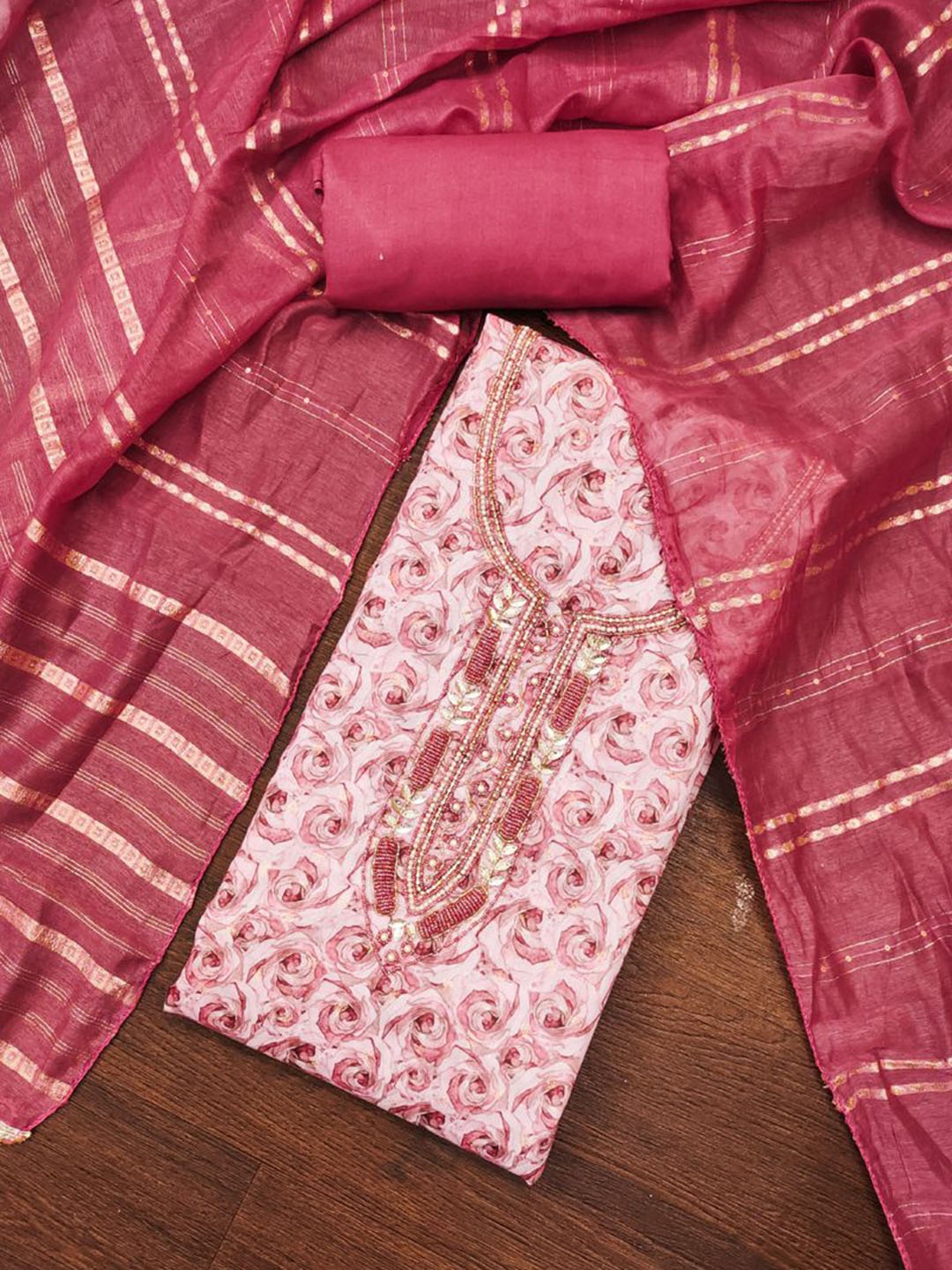 

ASISA Floral Printed Beads & Stones Unstitched Dress Material, Pink