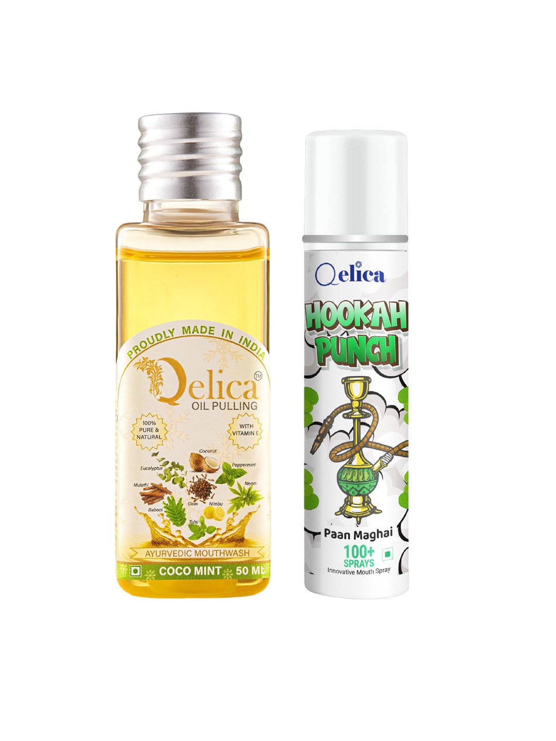 

Qelica 2 Pcs Ayurvedic Coco Mint Oil Pulling Mouthwash-50ml & Paan Maghai Spray-10ml, Transparent