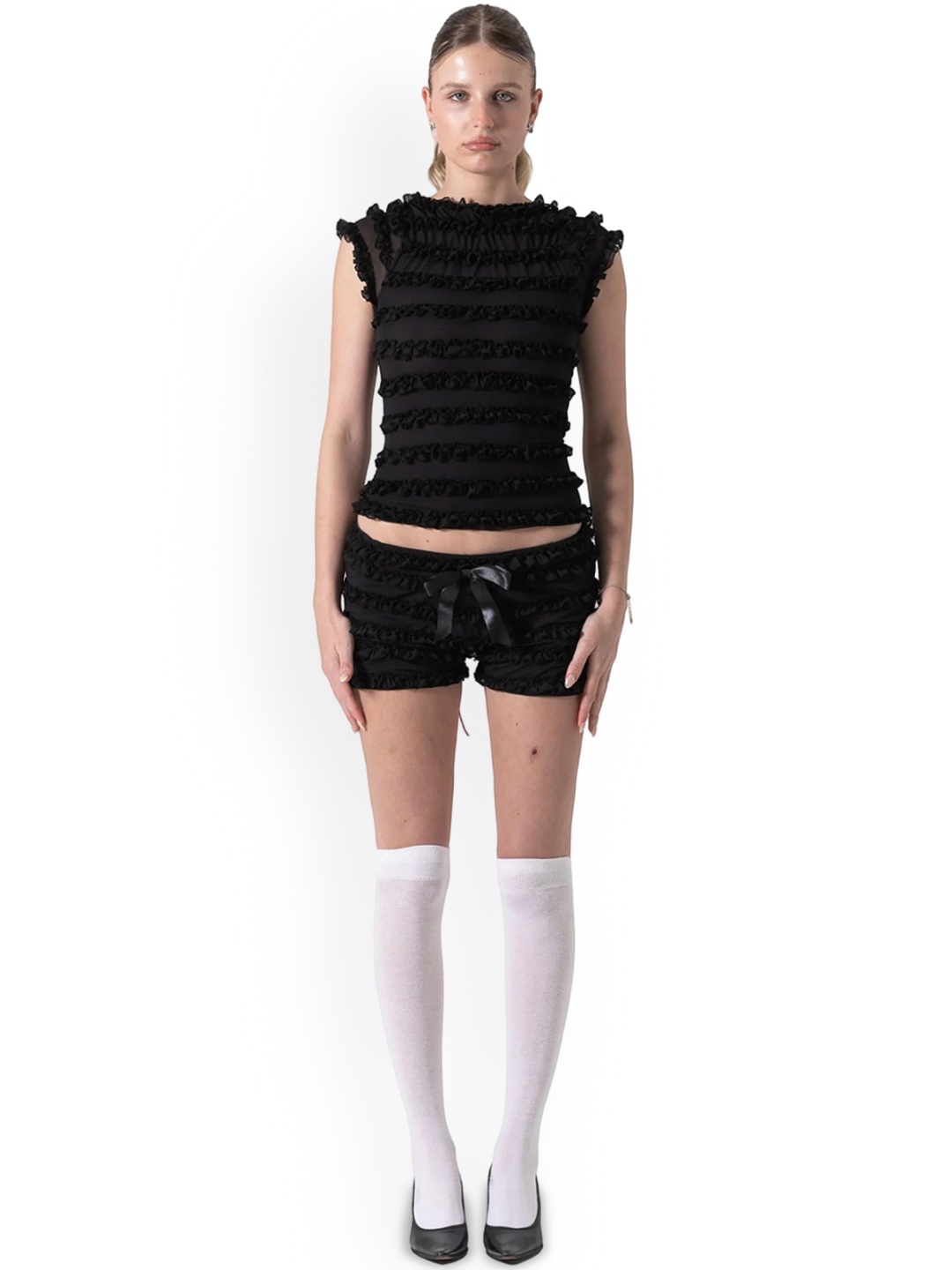 

LULU & SKY Self Design Boat Neck Sleeveless Top With Shorts, Black