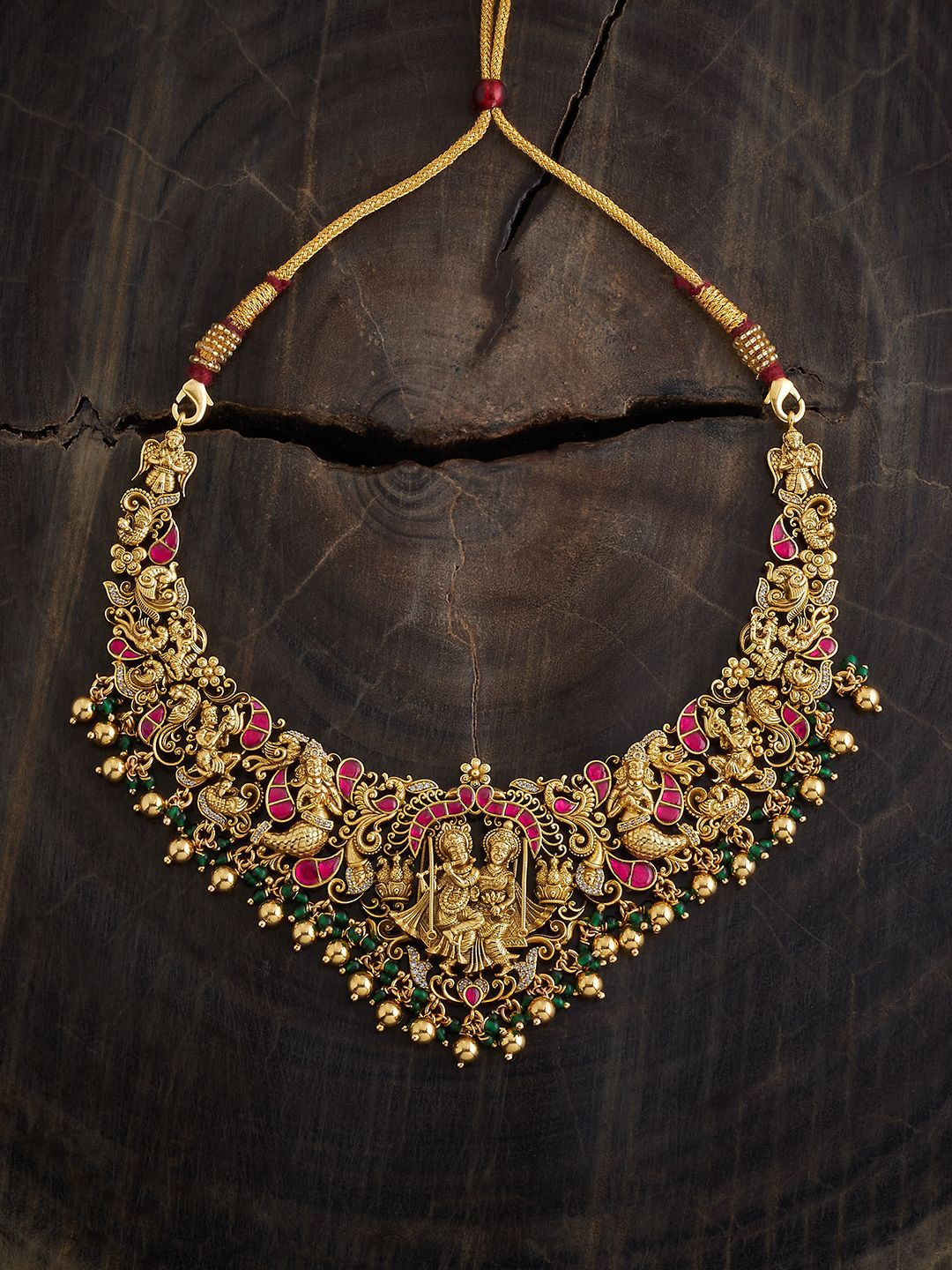 

Kushal's Fashion Jewellery 92.5 Pure Silver Gold-Plated Stones Studded Temple Necklace