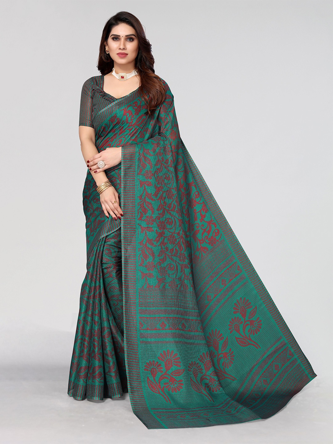 

VIRICA Floral Printed Saree, Green