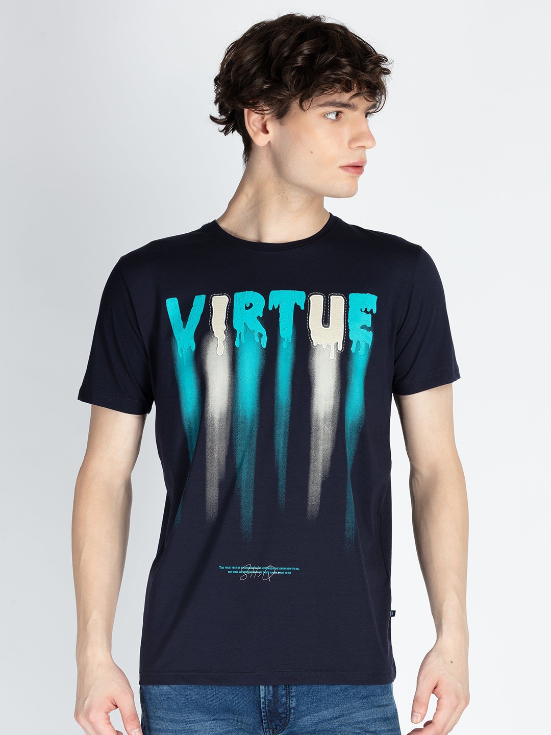

Status Quo Men Typography Printed Round Neck Cotton T-shirt, Navy blue