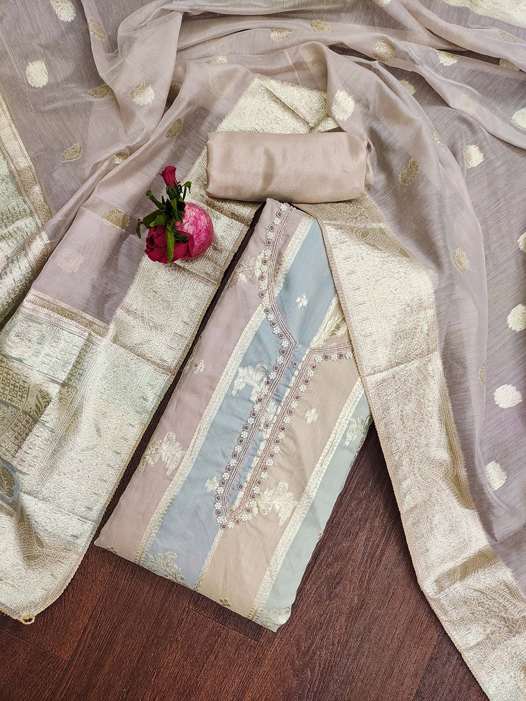 

Ishin Floral Woven Design Unstitched Dress Material, Beige