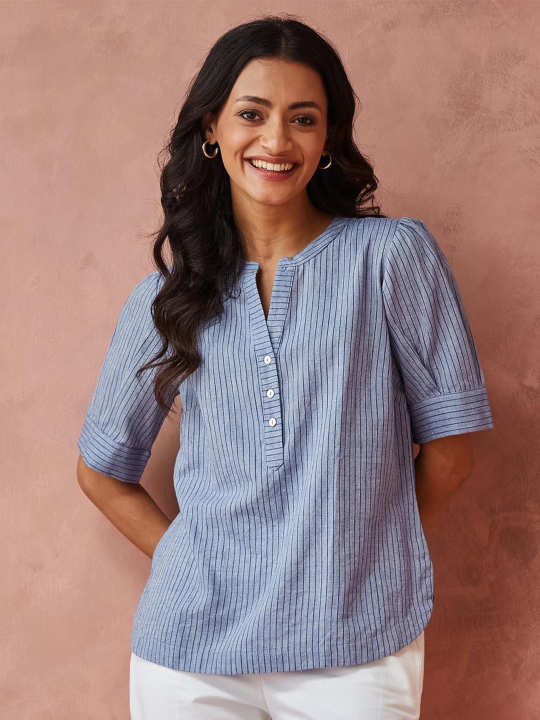 

Fabindia Women Vertical Striped Mandarin Collar Cotton Top, Blue