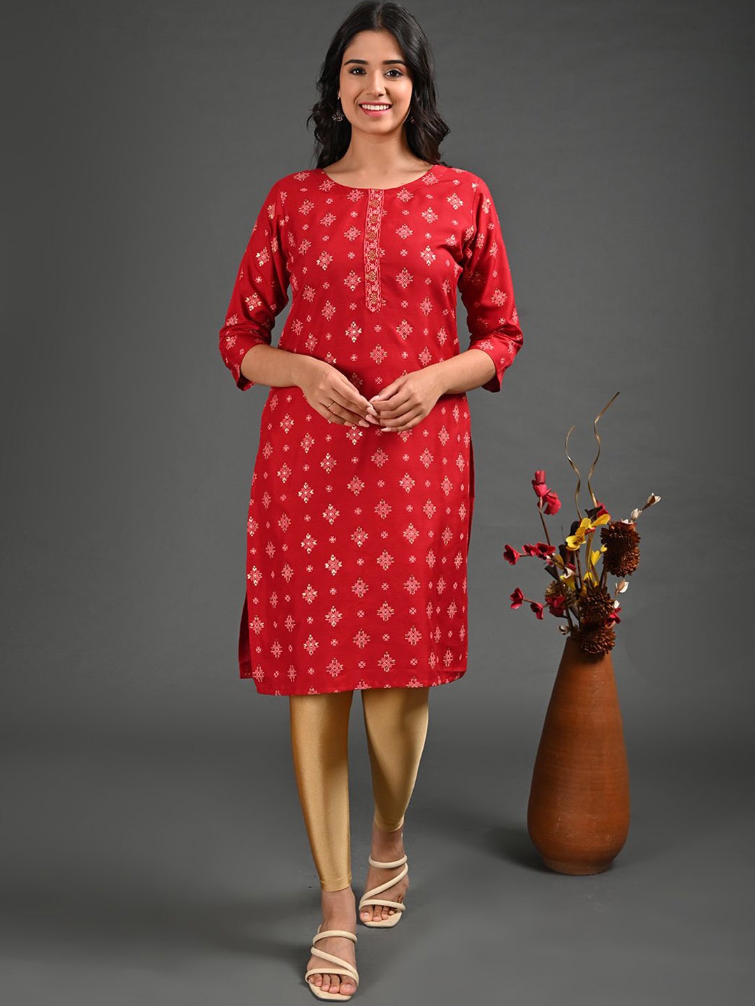 

GOLDSTROMS Ethnic Motifs Printed Round Neck Straight Kurta, Red