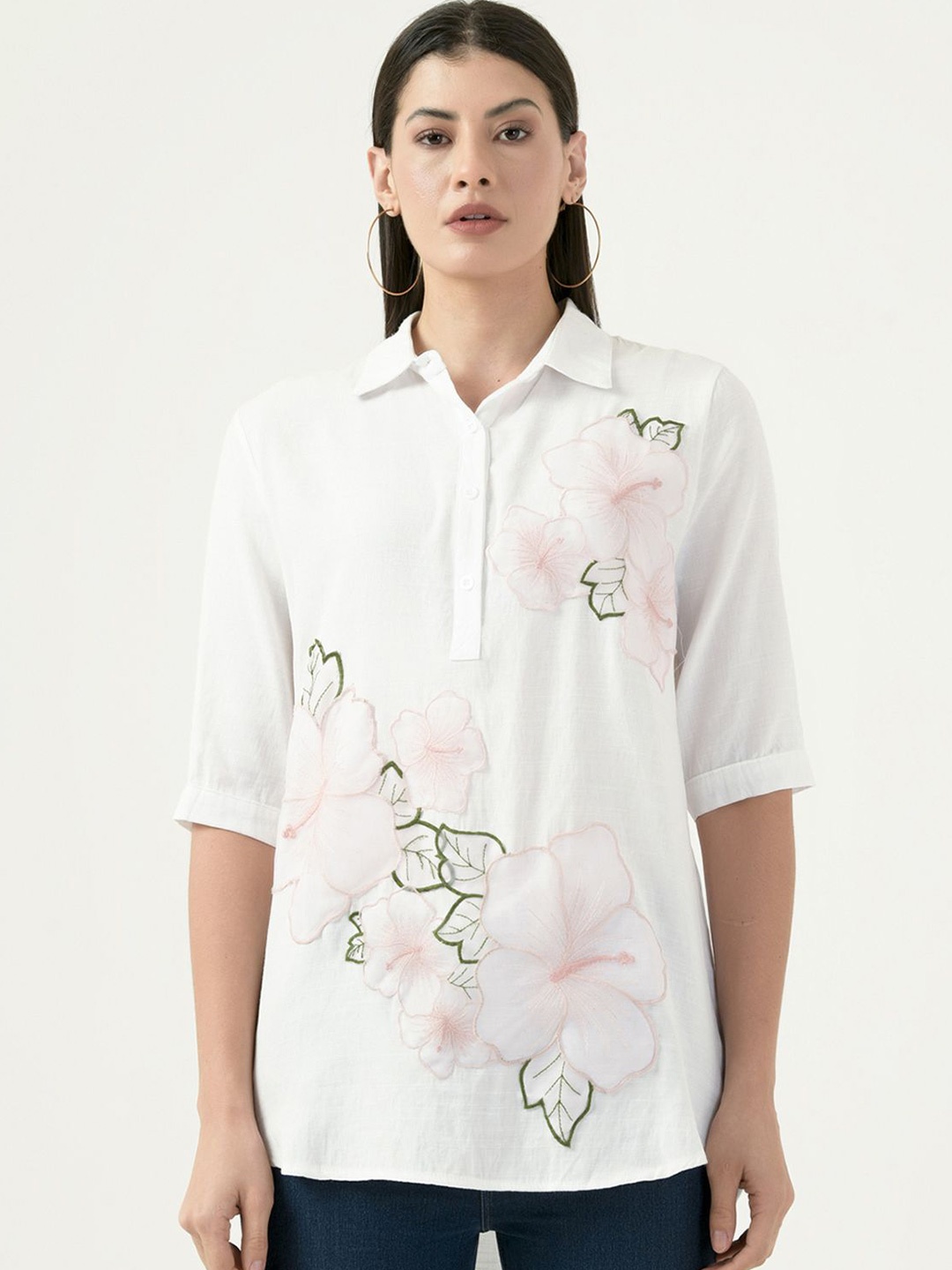 

Albion By CnM Women Floral Embroidered Opaque Cotton Casual Shirt, White