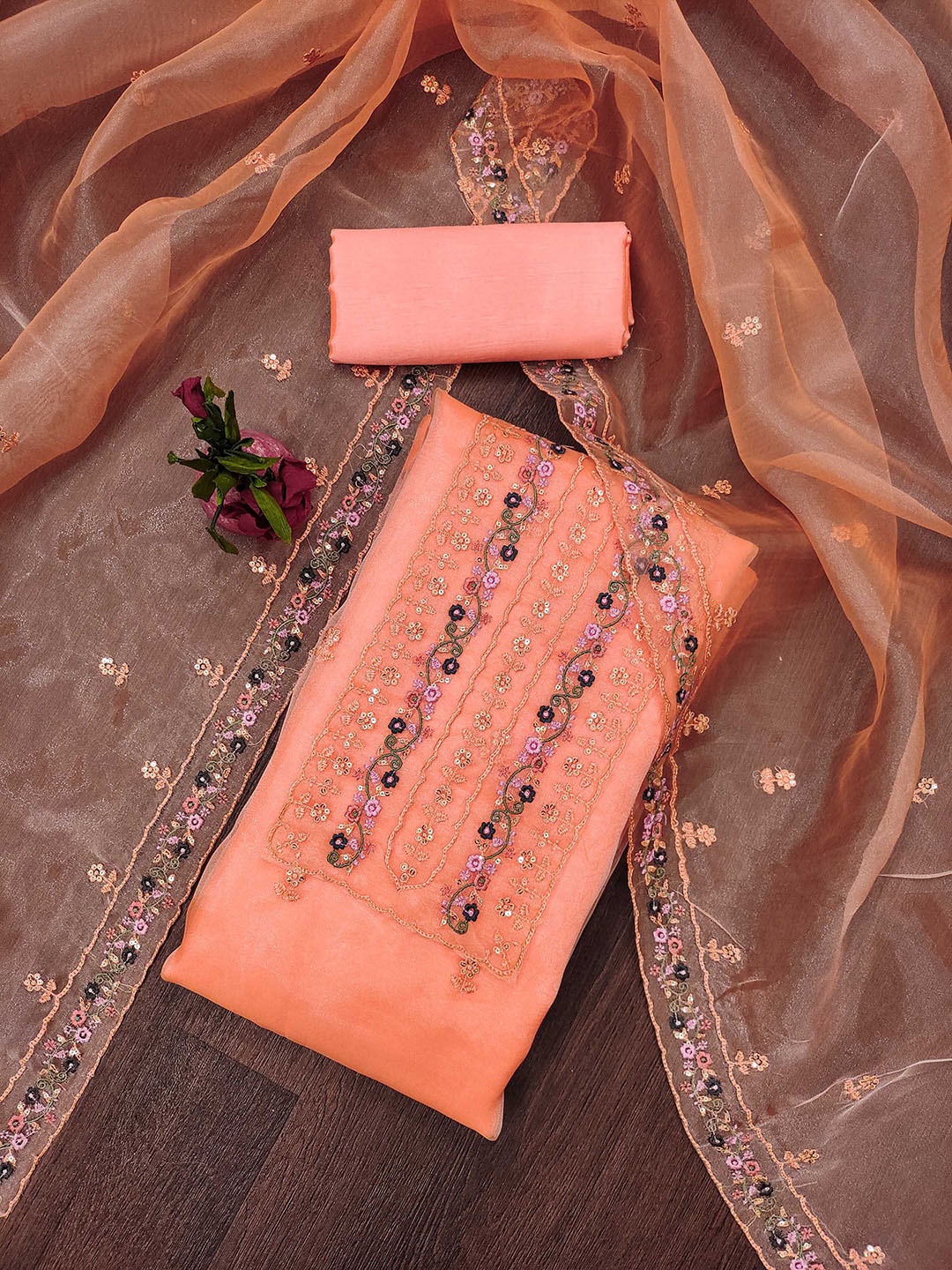 

Ishin Floral Embroidered Sequinned Organza Unstitched Dress Material, Orange