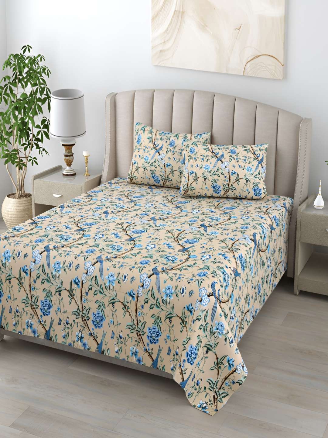 

Jinaya's Anokhi Biege & Blue Floral 210 TC Pure Cotton King Bedsheet With 2 Pillow Covers, Beige