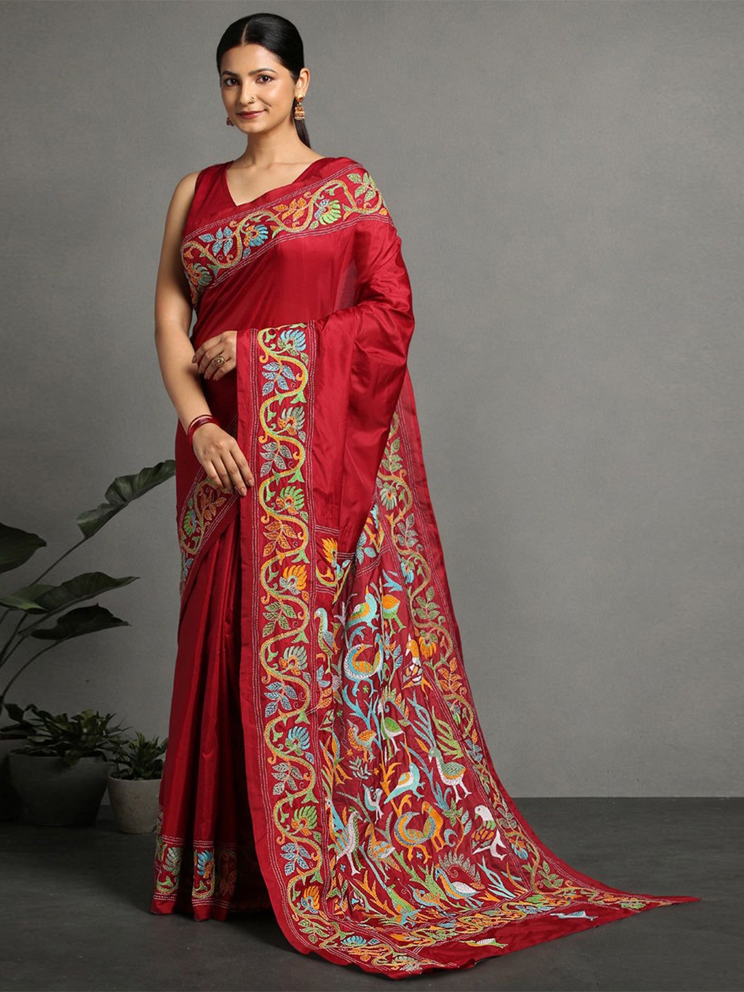 

ArtEastri Ethnic Motifs Kantha Work Art Silk Saree, Red