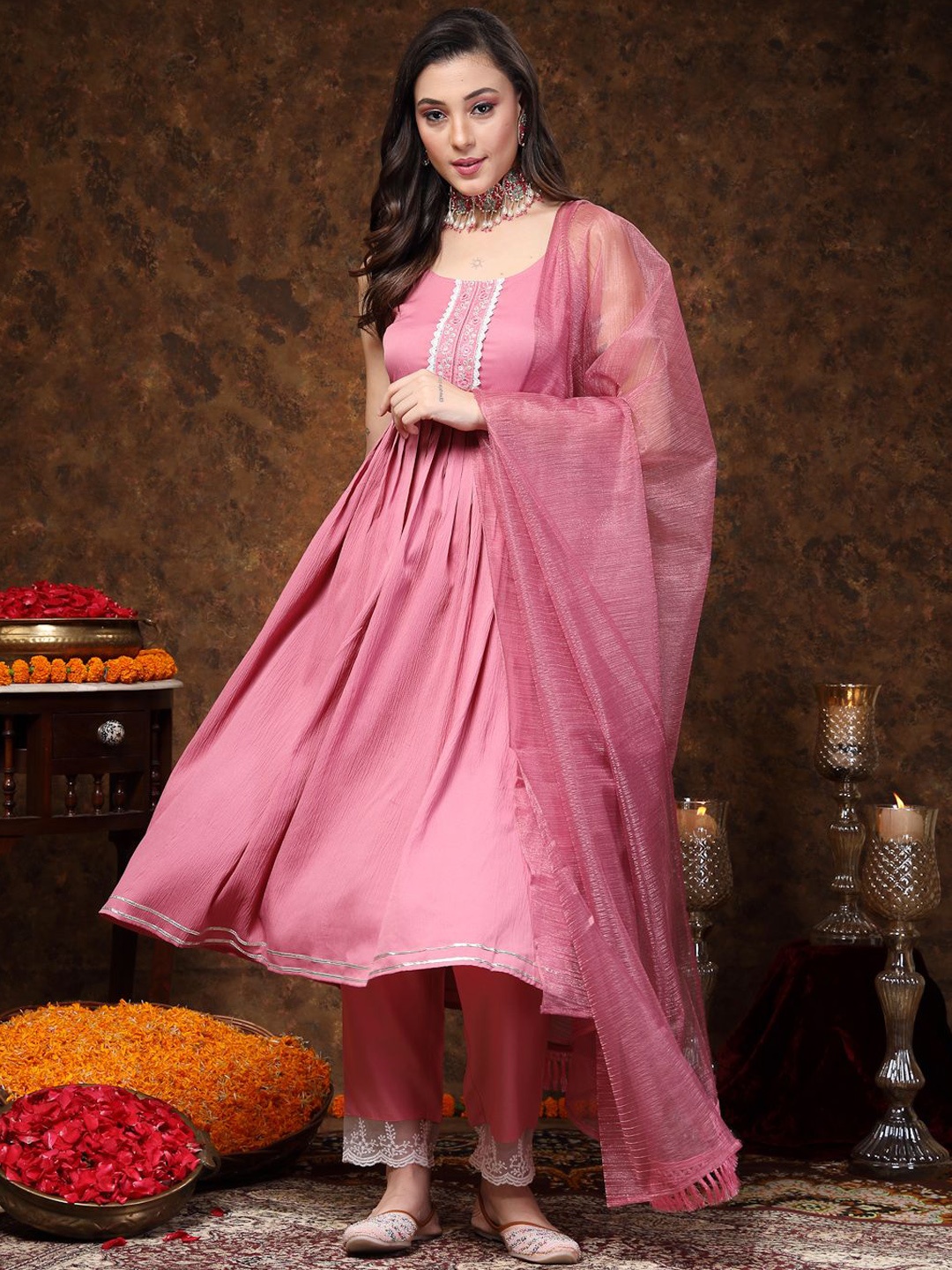 

Stylum Pink & White Thread Work Anarkali Kurta & Trousers With Dupatta