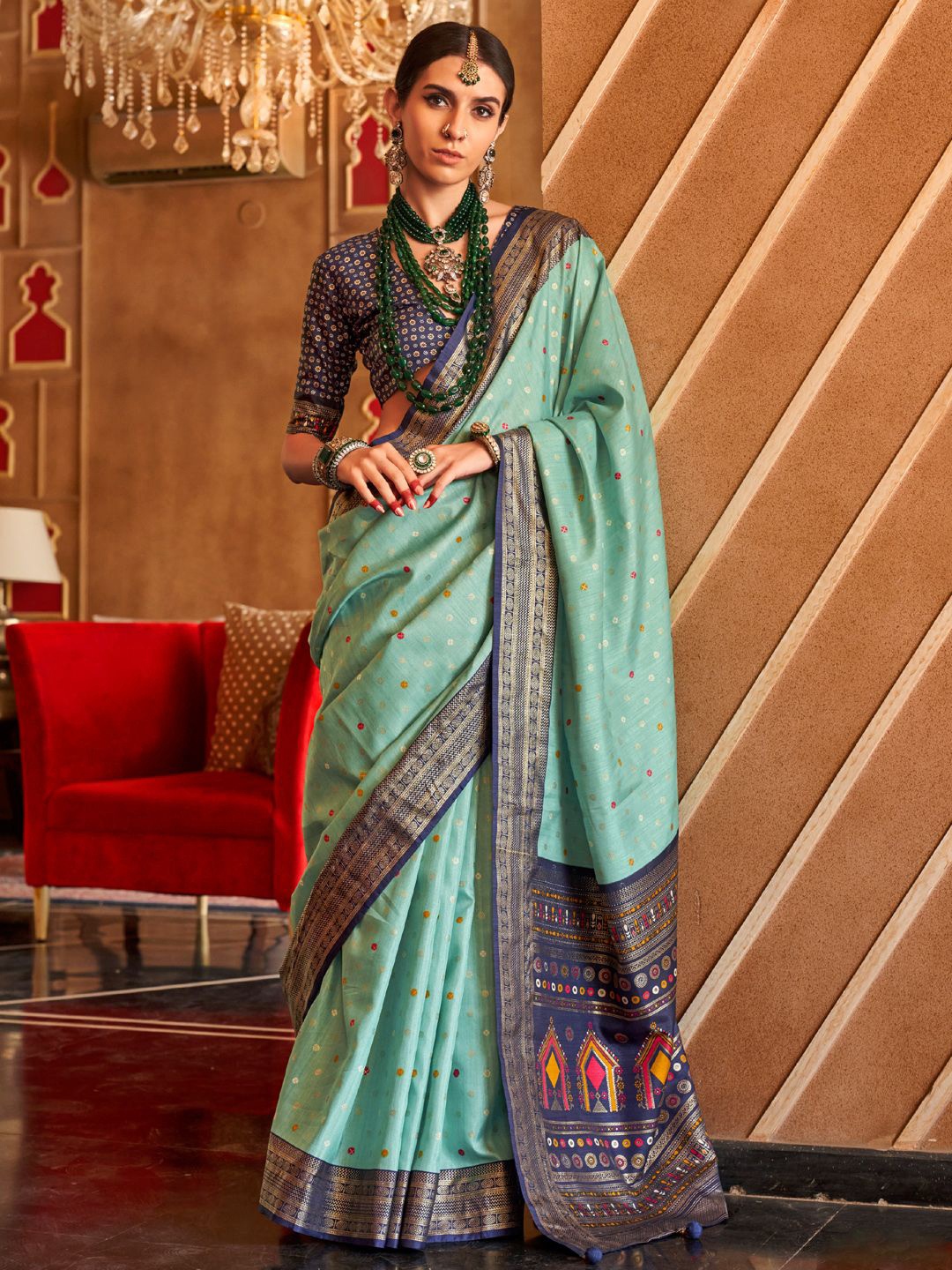 

Mitera Ethnic Motifs Woven Design Zari Patola Saree, Teal