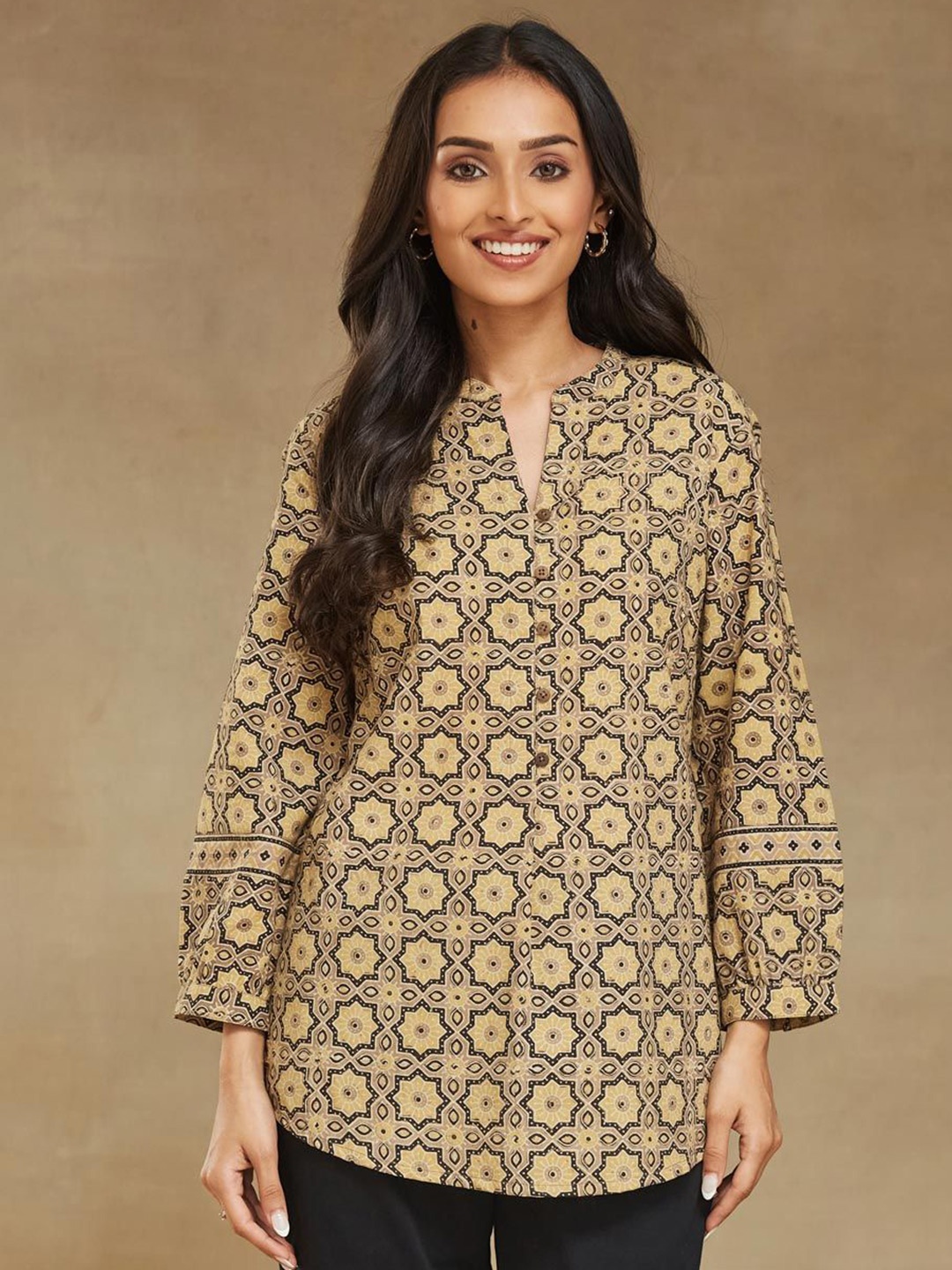 

Fabindia Mandarin Collar Printed Tunic, Yellow