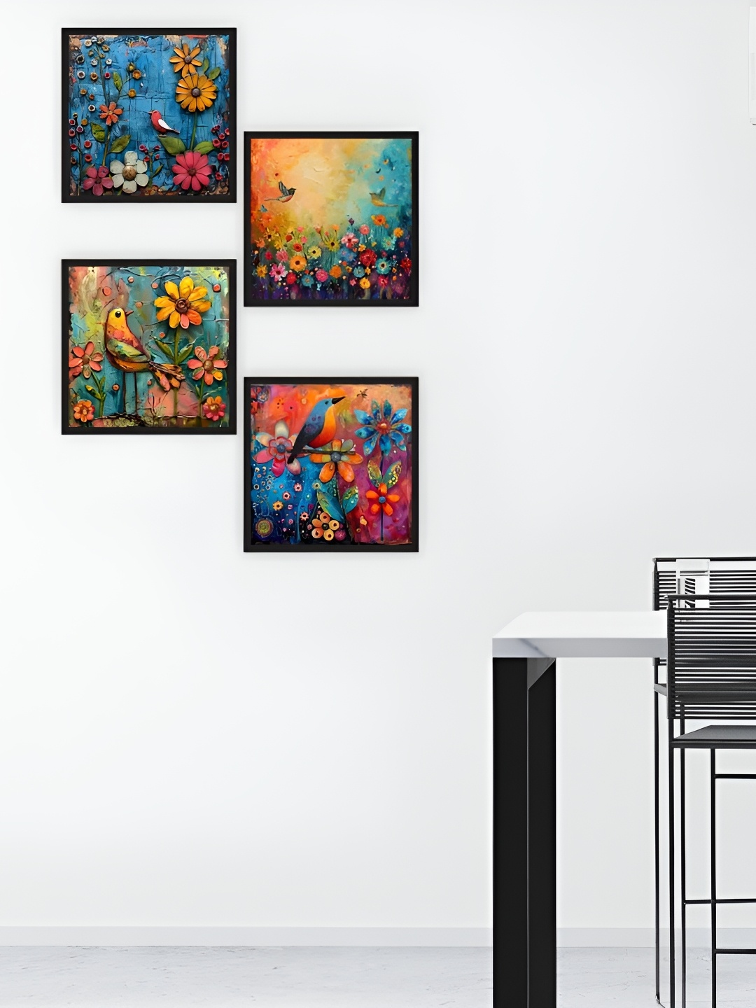 

CVANU 4Pcs Blue & Orange Colored Floral Wooden Wall Paintings