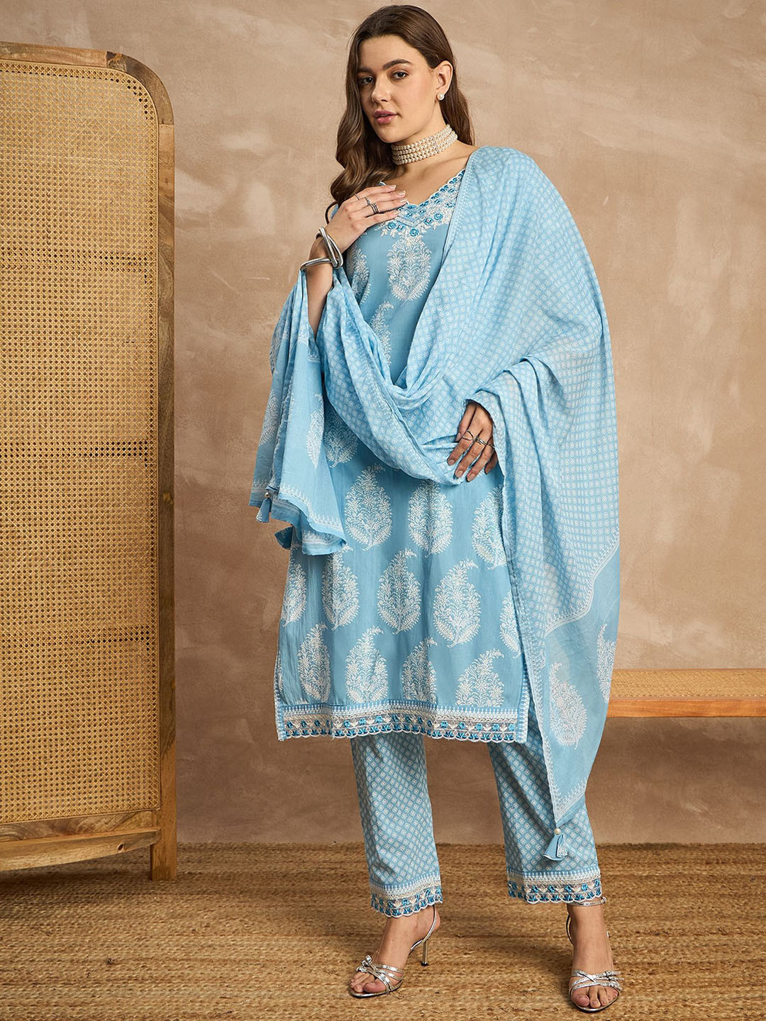 

all about you Printed Sequinned Pure Cotton Straight Kurta with Trousers & Dupatta, Blue