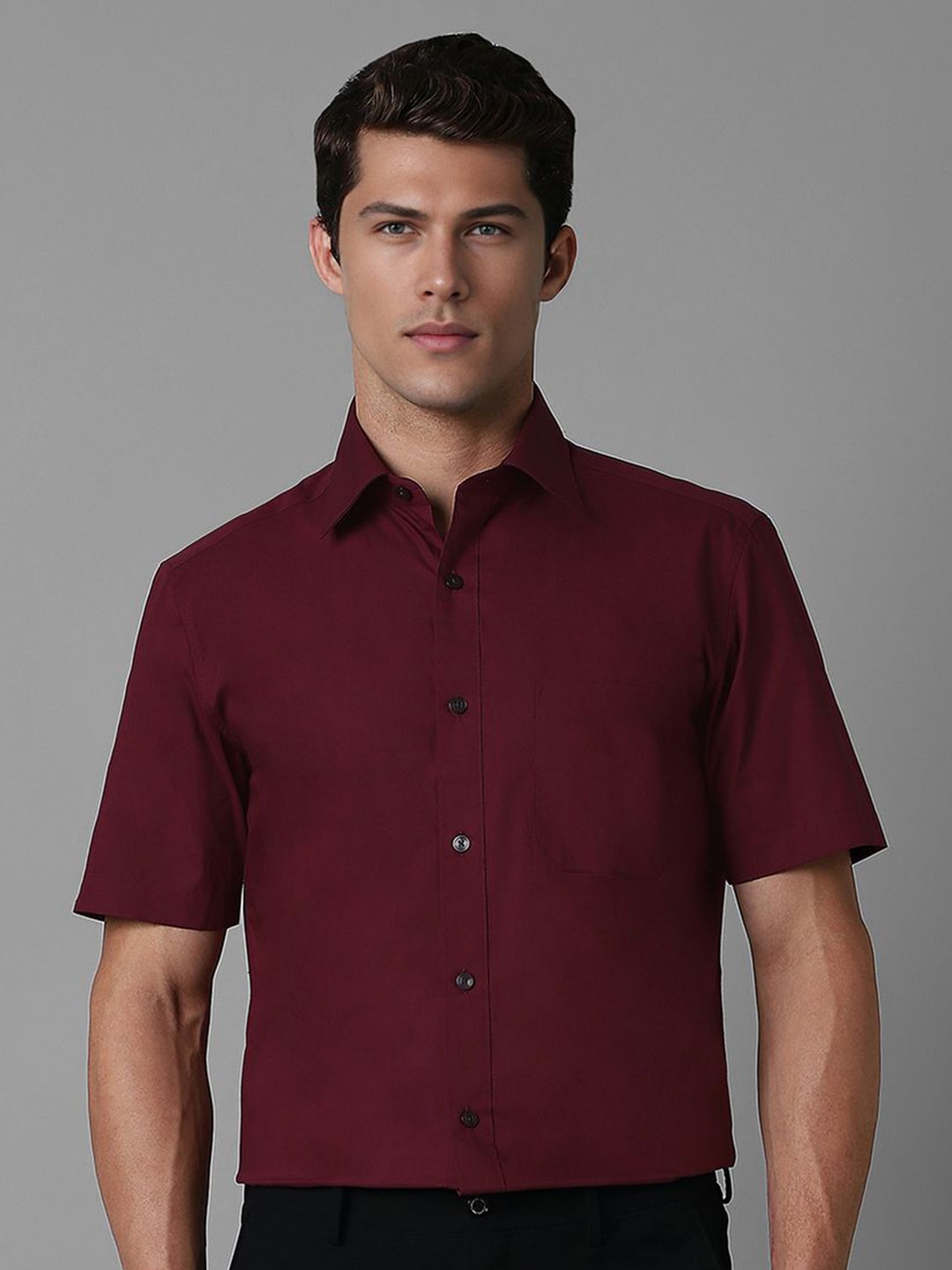 

Louis Philippe Men Classic Spread Collar Solid Cotton Formal Shirt, Maroon