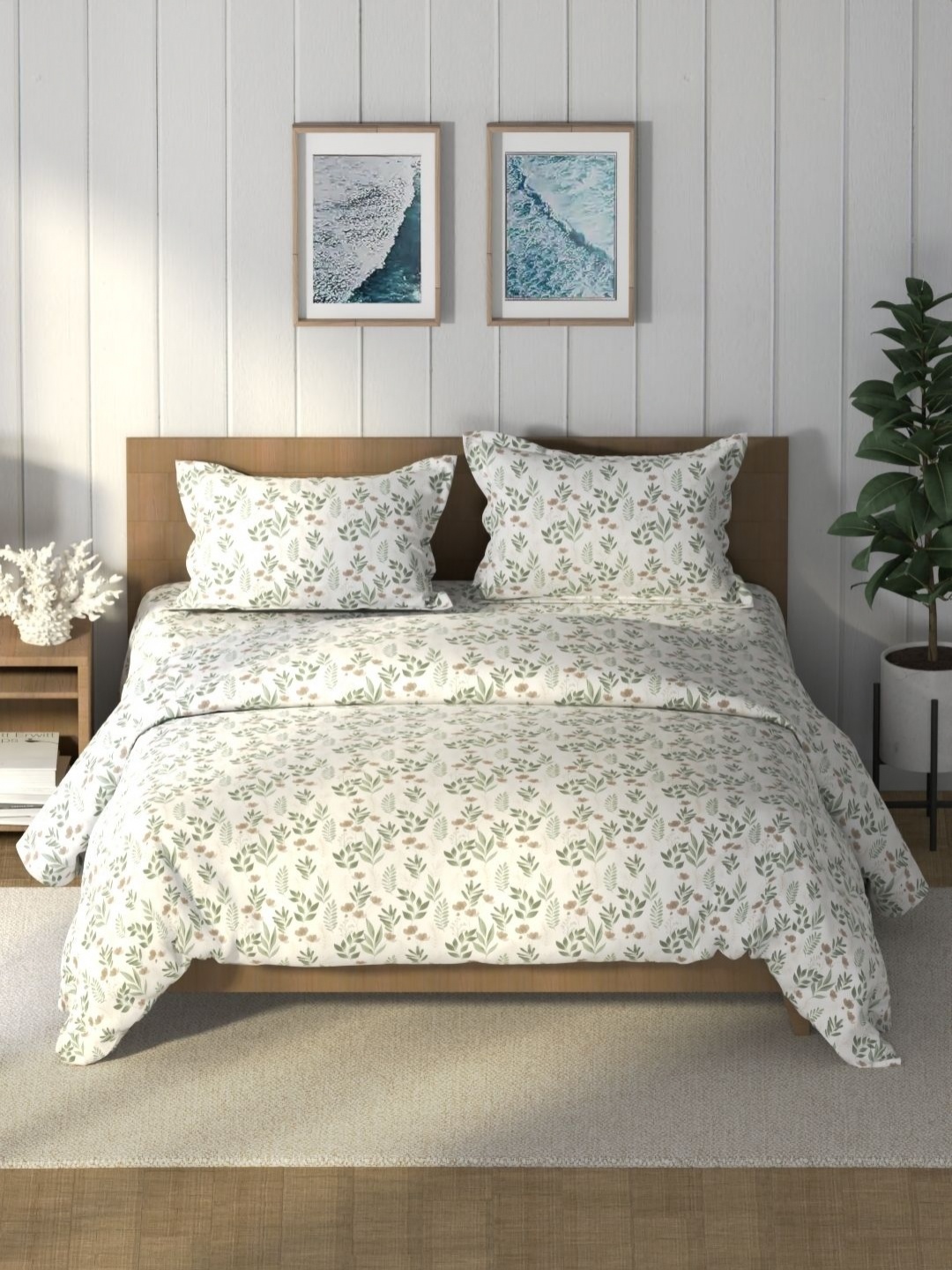 

Nautica Green & White Floral Printed Pure Cotton AC Room Double Queen Bedding Set