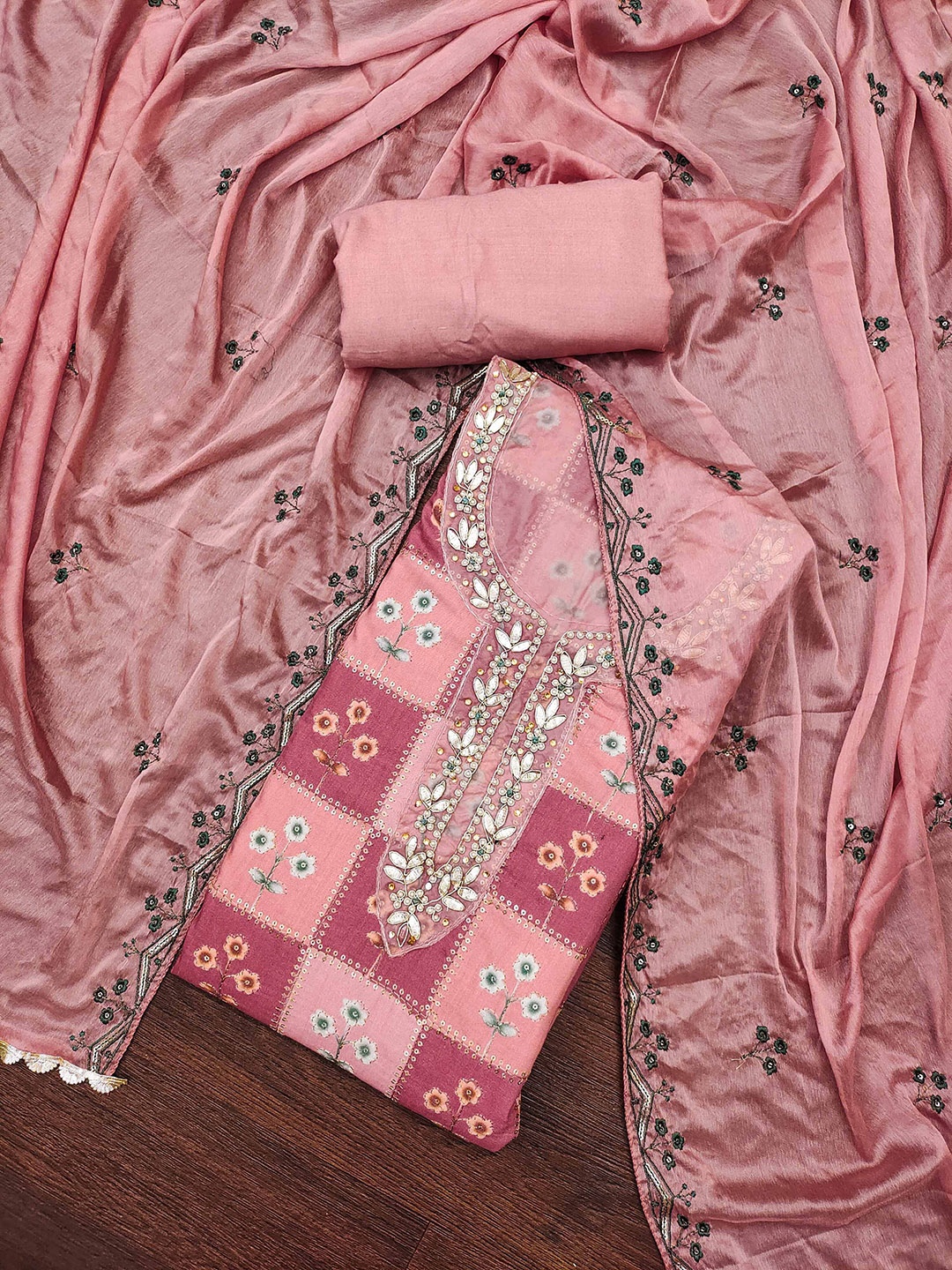 

Ishin Floral Embroidered Sequinned Unstitched Dress Material, Pink