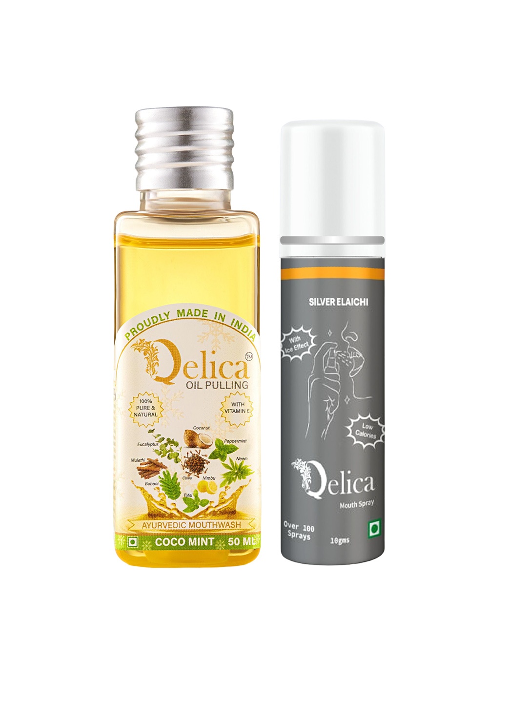 

Qelica 2 Pcs Ayurvedic Coco Mint Oil Pulling Mouthwash-50ml & Silver Elachi Spray-10ml, Transparent