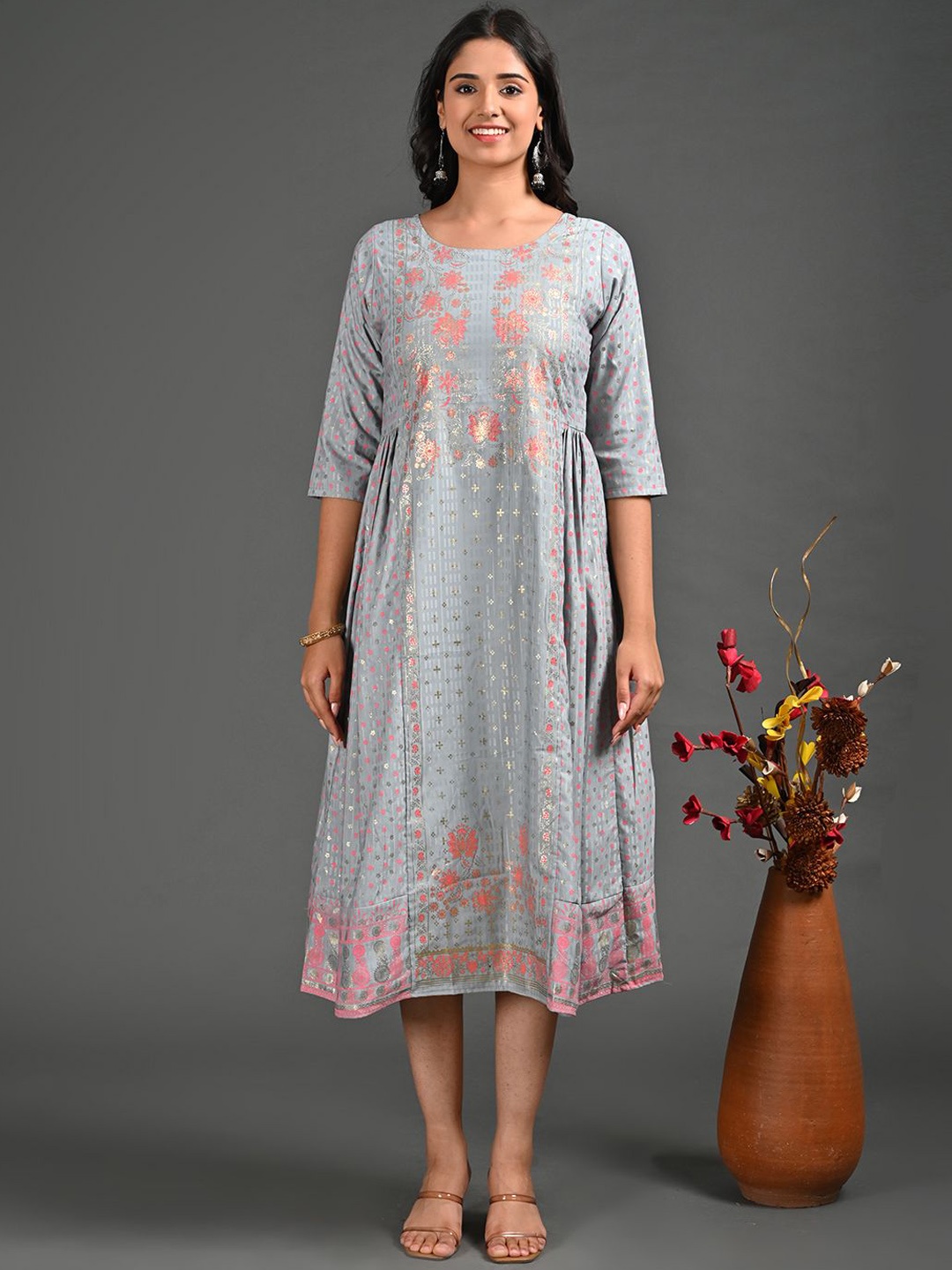 

GOLDSTROMS Floral Printed Round Neck Gathered Fit & Flare Midi Ethnic Dress, Grey