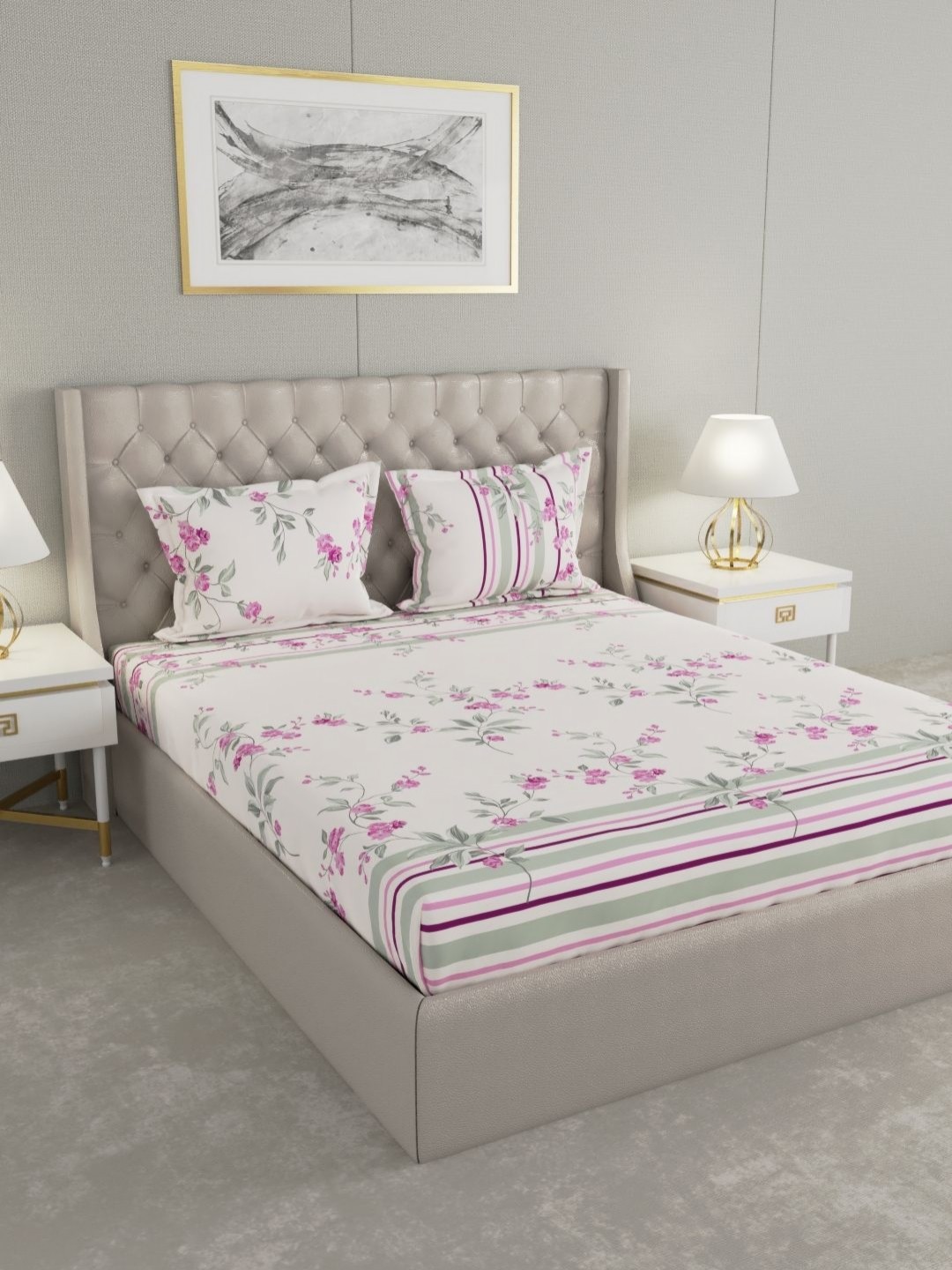 

Raymond Home Shubham Purple Floral Printed 120 TC Cotton King Bedsheet & 2 Pillow Covers