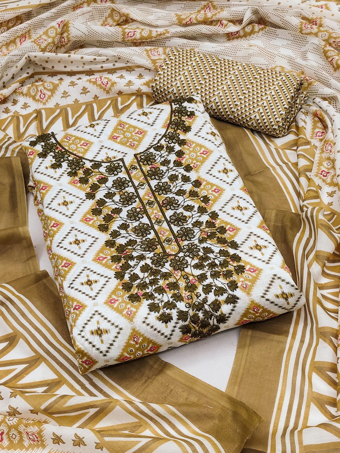 

Ishin Geometric Printed Thread Work Pure Cotton Unstitched Dress Material, Yellow