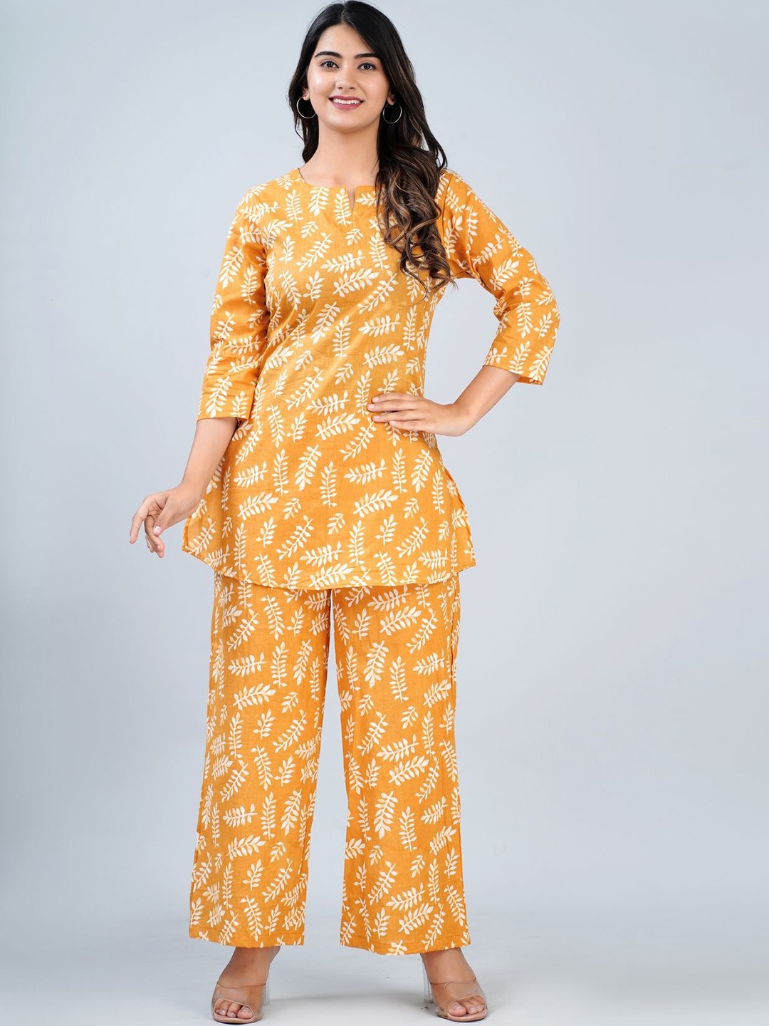 

Fabcurio Women Printed Cotton Round Neck Co-ords, Mustard
