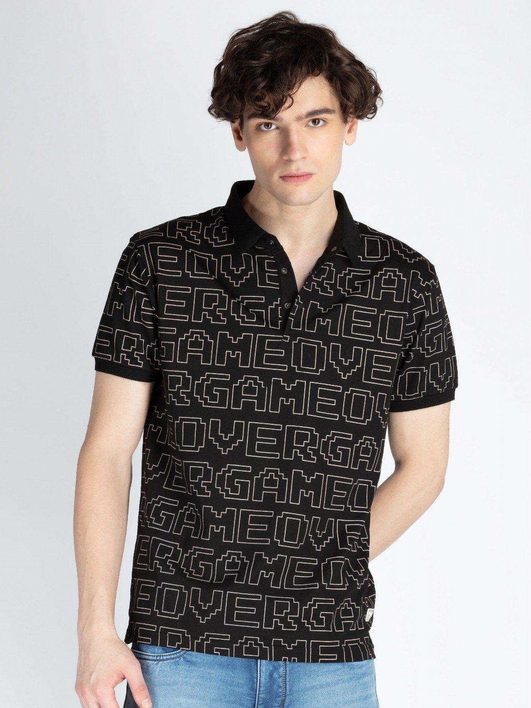 

Status Quo Men Typography Printed Polo Collar Cotton T-shirt, Black