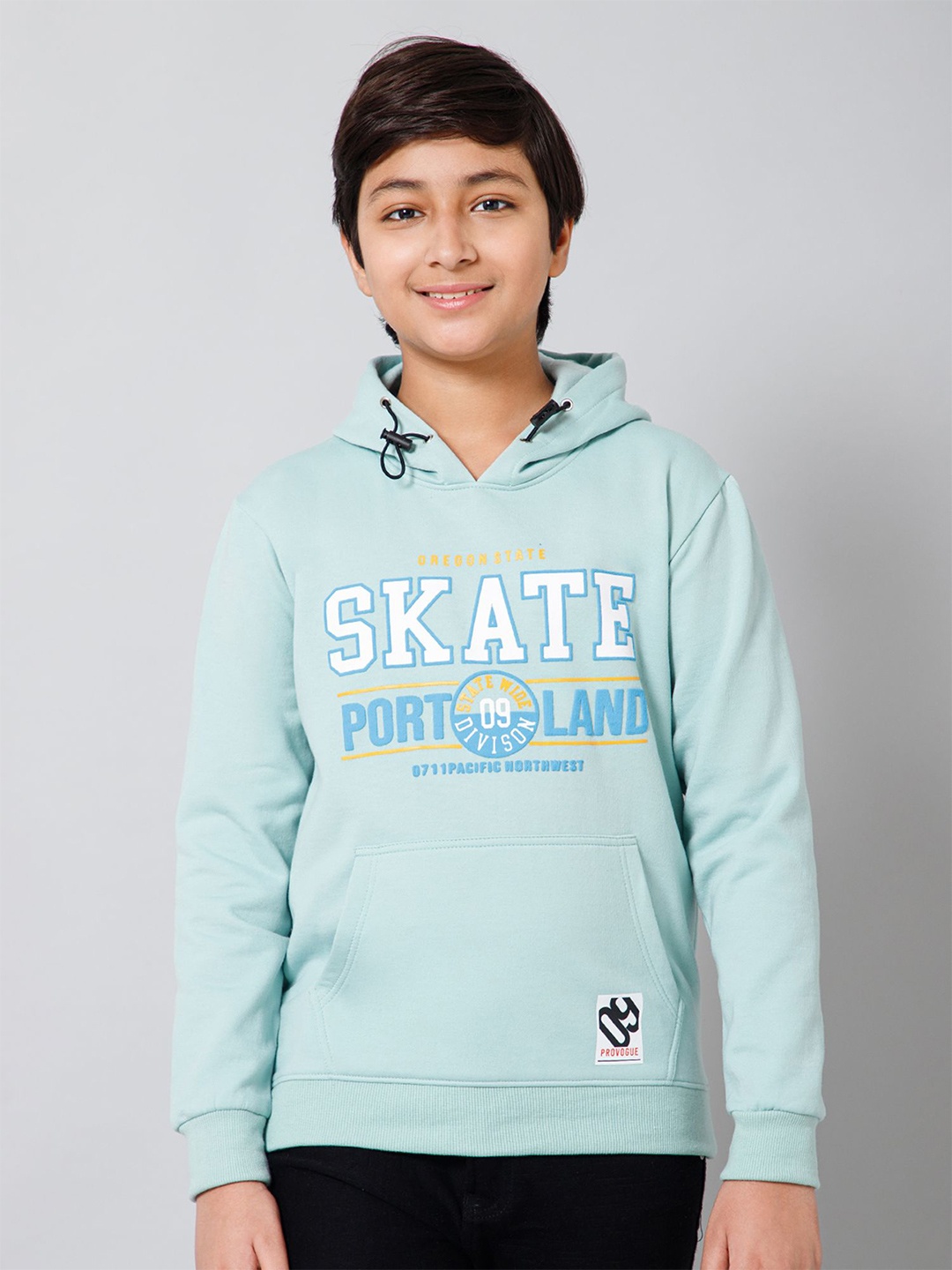 

Provogue Boys Typography Printed Hooded Sweatshirt, Turquoise blue