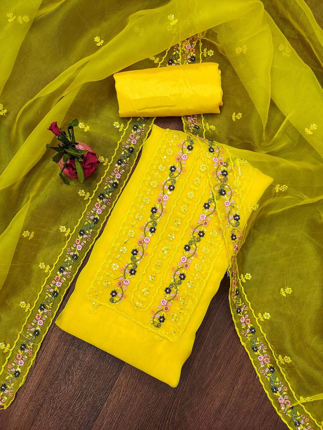 

Ishin Ethnic Motifs Embroidered Sequinned Organza Unstitched Dress Material, Yellow