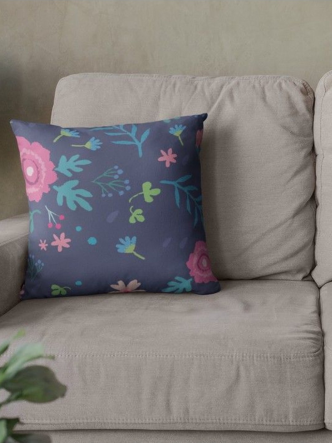 

THEYAYACAFE Navy Blue & Pink 2 Pieces Floral Printed Velvet Square Cushion Covers