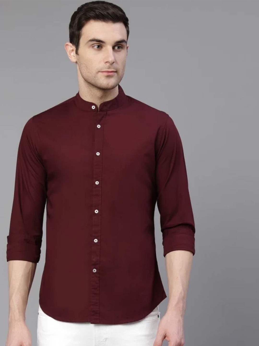 

AIA.FAB Men Comfort Mandarin Collar Solid Cotton Formal Shirt, Maroon