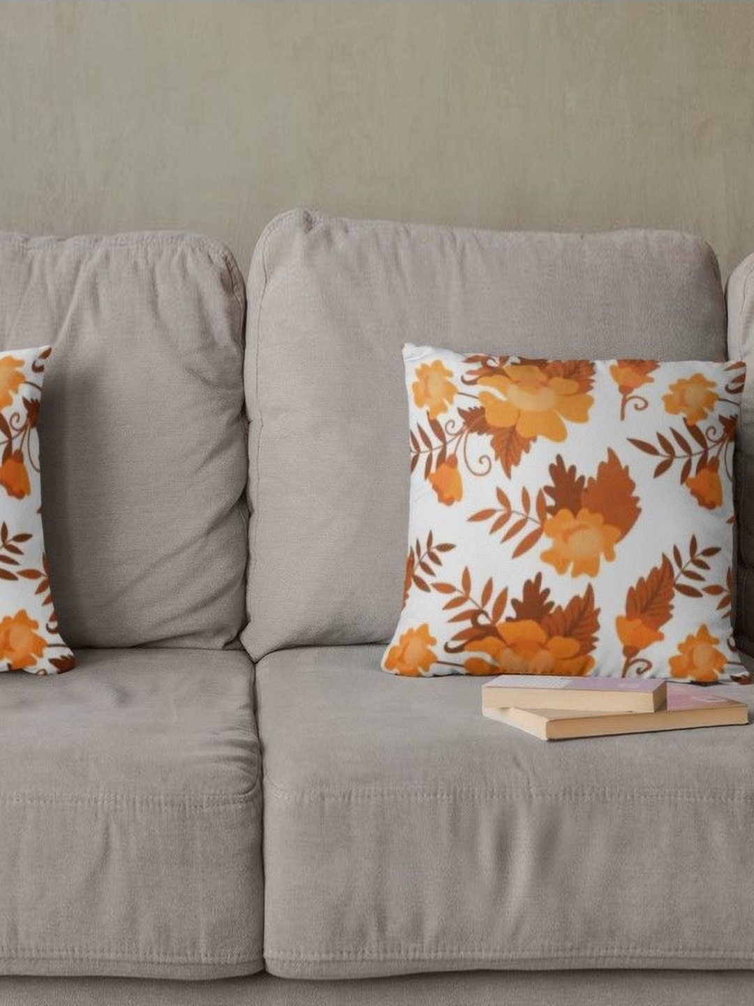 

THEYAYACAFE White & Orange 2 Pieces Floral Printed Velvet Square Cushion Covers