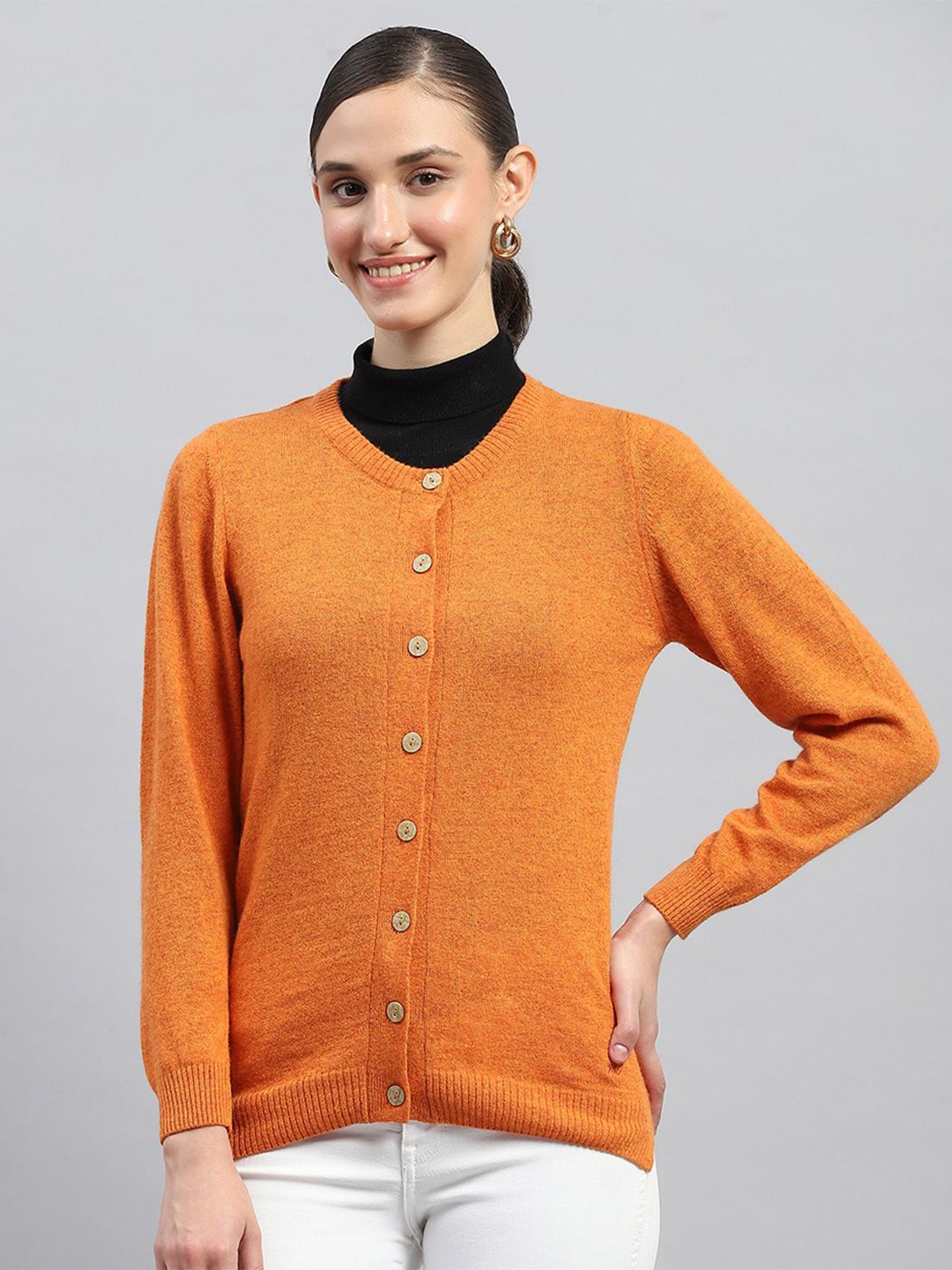 

Monte Carlo Women Solid Round Neck Cardigan, Orange