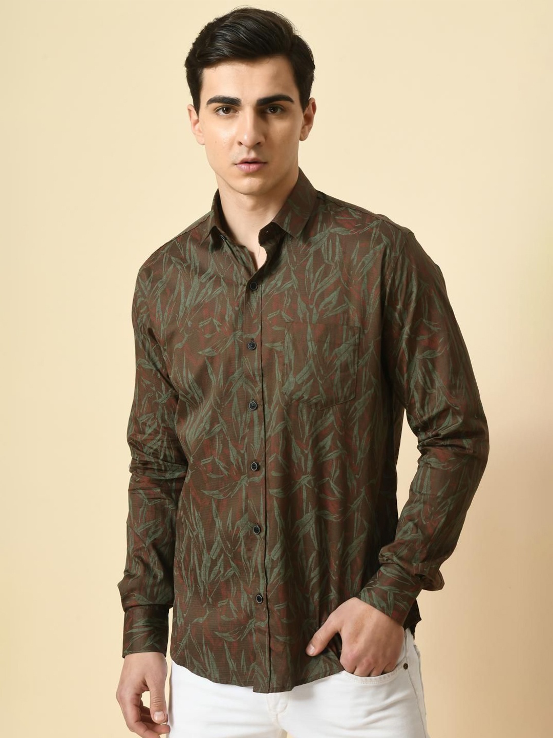 

PEBCO Men Classic Spread Collar Abstract Printed Cotton Slim Fit Casual Shirt, Green